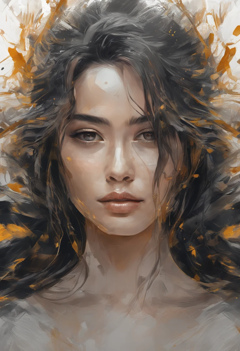 Perfect centralization, Fantastic Black Golden Beams, alegria, Standing position, beleza abstrata, Centrado, looking at the camera, Facing the camera, Approaching perfection, Dynamic, altamente detalhado, liso, foco nítido, 8k, alta resolução, illustration, arte de Carne Griffiths e Wadim Kashin, asian beauty, feixes dourados, feixes laranja, feixes pastel, Rosto realista, rosto detalhado, cabelo prateado, fundo em movimento,