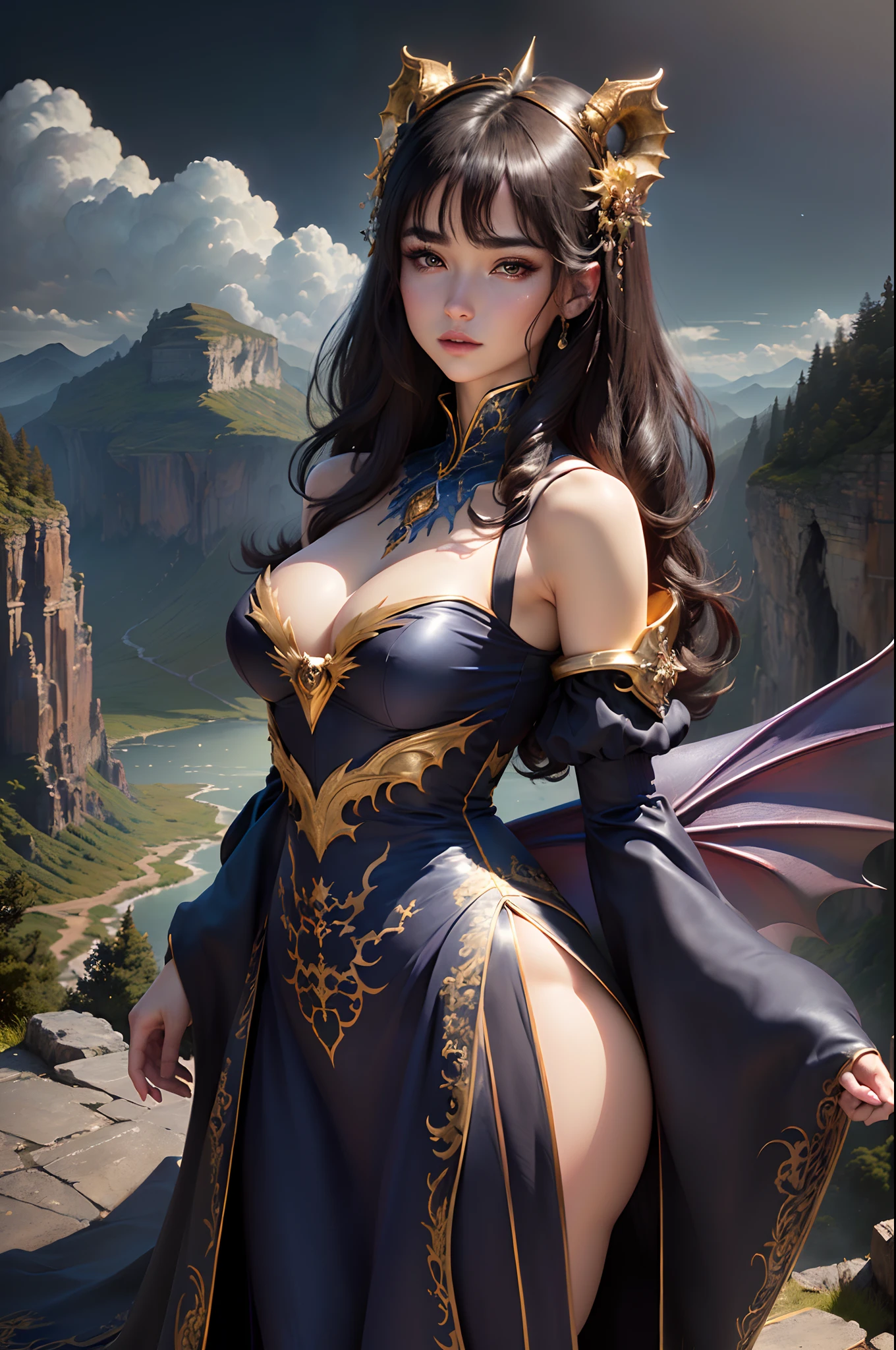 ((best quality)), ((masterpiece)), (detailed), dragon emperatriz, realistic eyes, black hair, yellow brown eyes, big breasts,big butt, sexy body, korean setin dress, evil landscape, ethereal beauty, (fantasy illustration:1.3), charming look, captivating pose, solo girl, supernatural charm, mystical sky, (anime), moonlit night, soft colors, (detailed cloudy landscape:1.3), (high resolution:1.2) (small bluish dragon on girl's shoulder) dress, on a hill, an army passing far away in a gorge below.