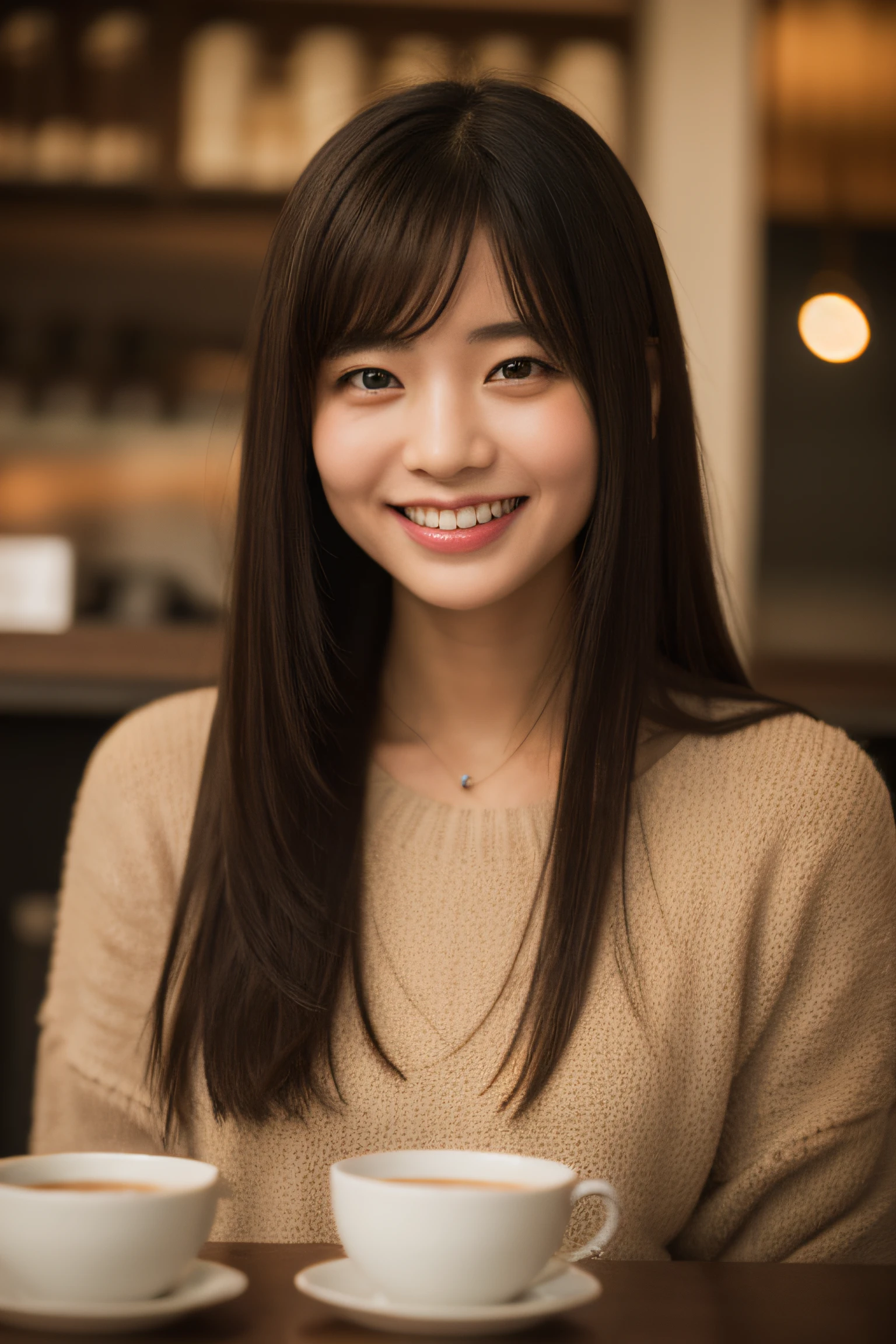 Asian woman looking at camera in coffee shop and smiling　a closeup, ​masterpiece, top-quality, Raw foto, Photorealsitic, A smile, beautiful a girl, cute little, length hair, depth of fields, hight resolution, ultra-detailliert, detaile, extremely detailed eye and face, Sharp pupils, Realistic pupils, foco nítido, Cinematic lighting