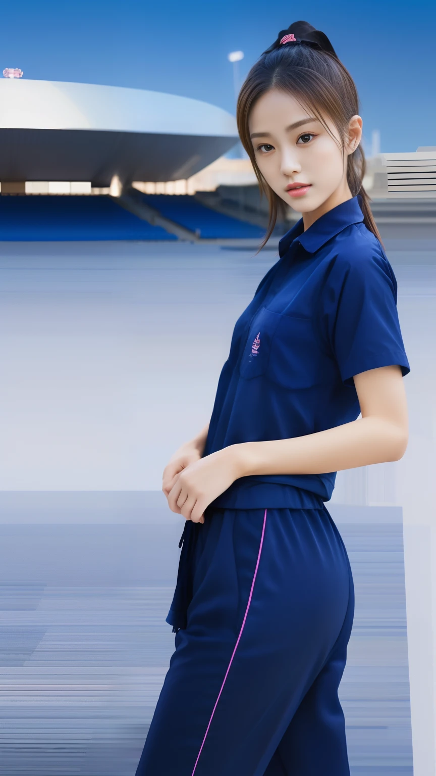 (bestquality,10,10,highres,masterpiece:1.2),ultra-detail,(Realistic,photorealistic portrait,photo-realistic:1.37),1 Cute girl in the football field,oily shiny skin,bara,light smile,BDclothes,((blue shirt:1.3)),short sleeves,shirt, trousers.,(navy_long_Pants Track:1.1), ((Stadium Background:1.3)),dynamic angle,excited,face focus,Dynamic Poses,from behide,Ass Focus ,master-piece, bestquality, ultra realistic, hyper-detail, 8k resolution, RAW photo, crisp focus, ((Navy blue shirt:1.1)), short sleeves, Long Path, Perfect body, mature woman , 18yo, cinematic light,Blue sweatpants,Gymware,Correct anatomy,Complete body, Correct body, sharp face, Anatomically correct body, full entire body, Realistic gestures, long-haired, Realistic poses,Blue sweatpants
