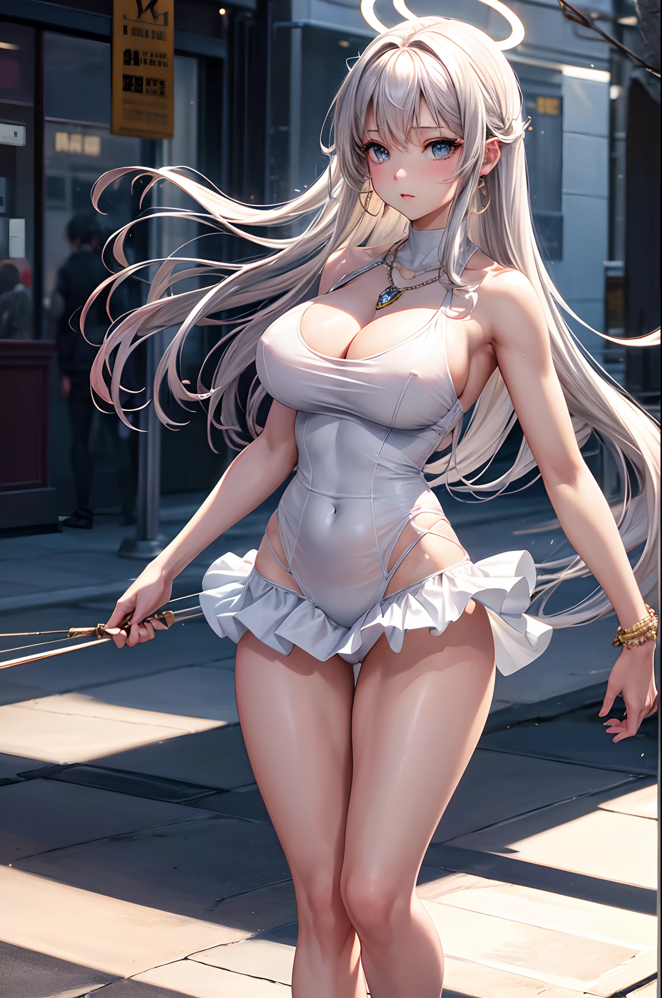 (8K, ultra fine, ultra fine, high quality, special effects, highest masterpiece, realistic effects, vivid, natural movements, full body shot), two sexy glamour girls, 13 year old girls, teenage girls, standing on the streets of Winterwood City, long milky hair, ridiculous milky hair, sexy, sexy tight pink dress, transparent, sacred, necklace, earrings, Halo, ring, (elastic muscles, elastic muscles, beautiful hair) Huge breasts, lifted, clear, wide hips, big hips, white, moisturized skin, beautiful eyes), no underwear, Destiny, Iliasfil von Einzbellen