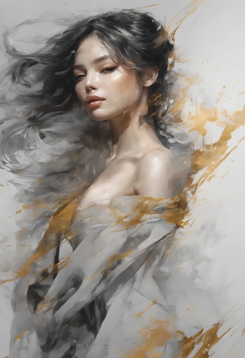 Perfect centralization, Fantastic Black Golden Beams, alegria, Standing position, beleza abstrata, Centrado, looking at the camera, Facing the camera, Approaching perfection, Dynamic, altamente detalhado, liso, foco nítido, 8k, alta resolução, illustration, arte de Carne Griffiths e Wadim Kashin, asian beauty, feixes dourados, feixes laranja, feixes pastel, Rosto realista, rosto detalhado, cabelo prateado, fundo em movimento, fundo em aquarela, fundo nebuloso,