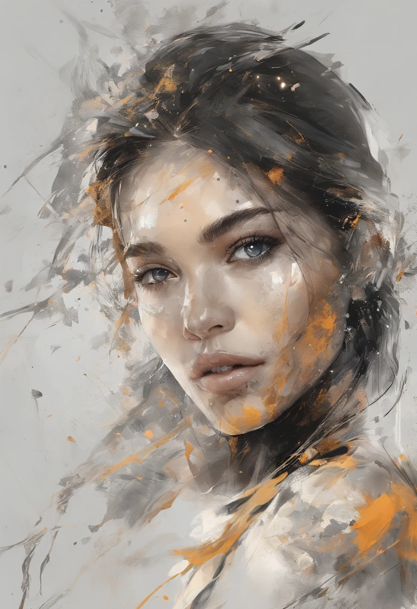 Perfect centralization, Fantastic Black Golden Beams, alegria, Standing position, beleza abstrata, Centrado, looking at the camera, Facing the camera, Approaching perfection, Dynamic, altamente detalhado, liso, foco nítido, 8k, alta resolução, illustration, arte de Carne Griffiths e Wadim Kashin, asian beauty, feixes dourados, feixes laranja, feixes pastel, Rosto realista, rosto detalhado, cabelo prateado, fundo em movimento, fundo em aquarela, fundo nebuloso,