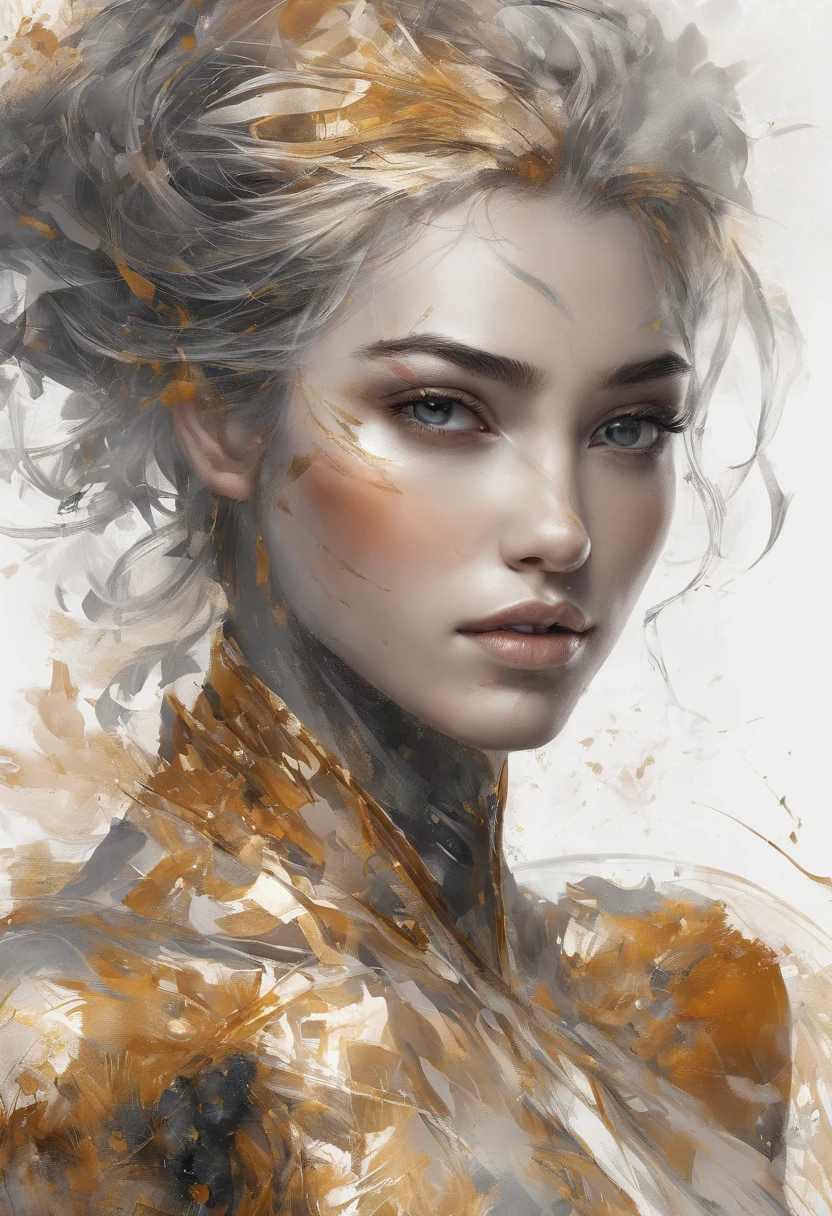 Perfect centralization, Fantastic Black Golden Beams, alegria, Standing position, beleza abstrata, Centrado, looking at the camera, Facing the camera, Approaching perfection, Dynamic, altamente detalhado, liso, foco nítido, 8k, alta resolução, illustration, arte de Carne Griffiths e Wadim Kashin, asian beauty, feixes dourados, feixes laranja, feixes pastel, Rosto realista, rosto detalhado, cabelo prateado, fundo em movimento, fundo em aquarela, fundo nebuloso,