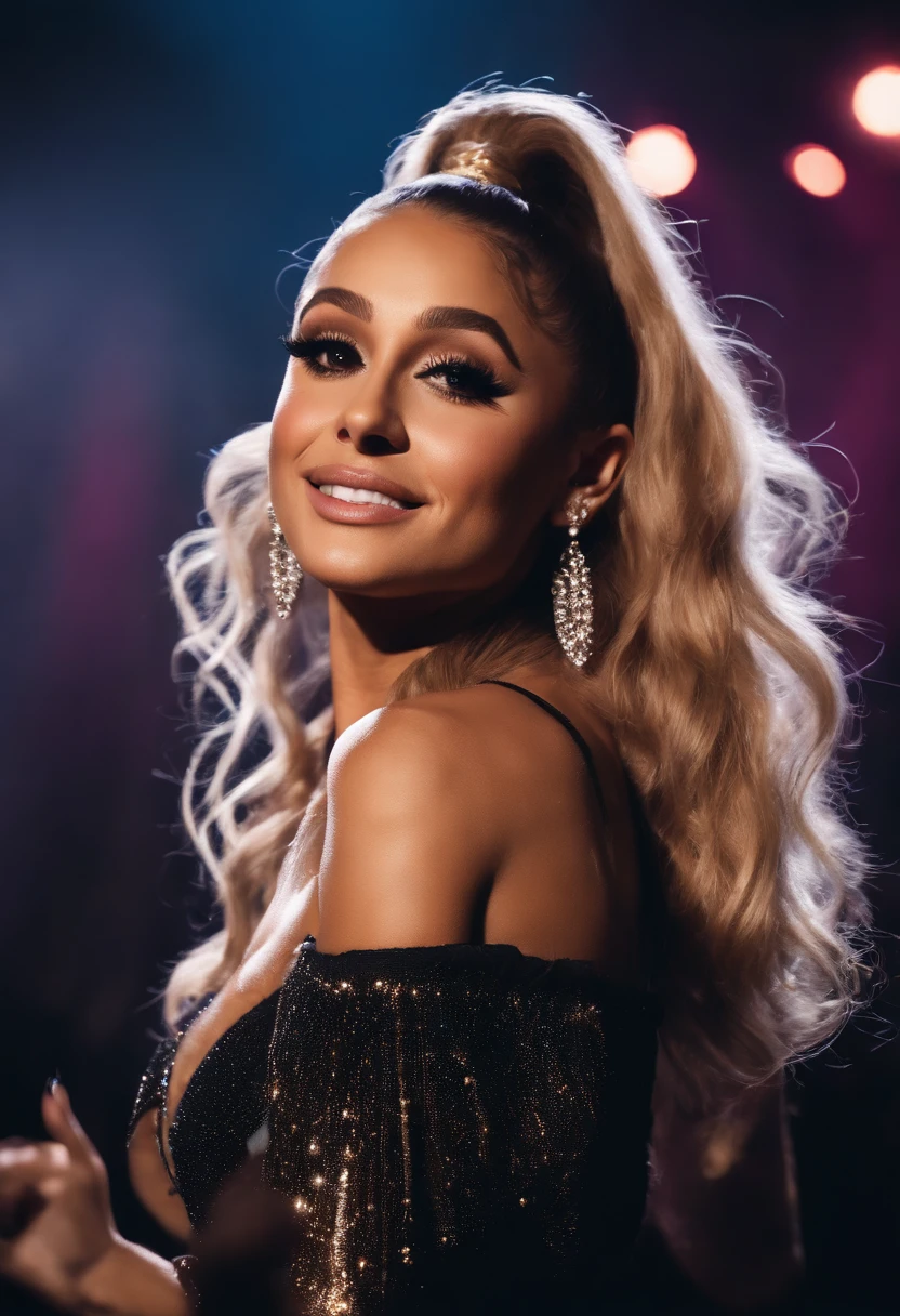 (best quality,4k,8k,highres,masterpiece:1.2),ultra-detailed,(realistic,photorealistic,photo-realistic:1.37),Ariana Grande,girl,solo artist,performing,energetic,confident,dancing,microphone,stage,live concert,enthusiastic crowd,spotlights,colorful stage lights,club,vibrant atmosphere,upbeat music,glamorous outfit,wavy hair,smokey eye makeup,sparkling jewelry,groovy dance moves,loud music,bass in the background,exciting energy,crowd cheering,beautiful detailed eyes,beautiful detailed lips,longeyelashes,high-heel boots,choreographed routine,artist in the spotlight,strobe lights,professional performance,engaging stage presence,packed audience,celebrity sensation,concert experience,party vibes,electric atmosphere,memorable night,unforgettable memories.