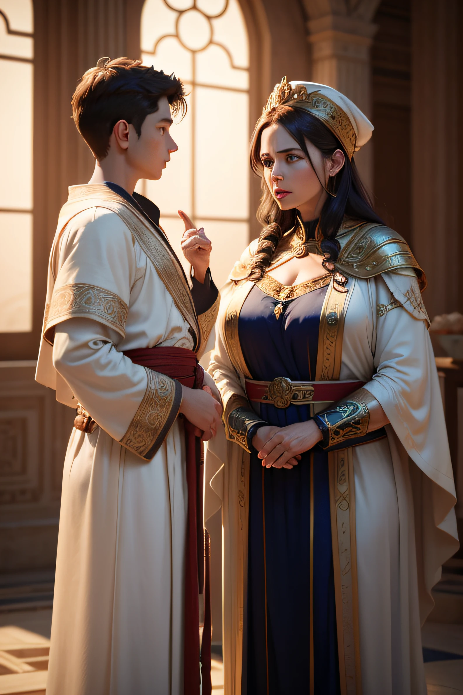 A woman explaining something to his well grown son.greek robe. Power,majesty. 8K ultraHD, 3D, hyper realistic.