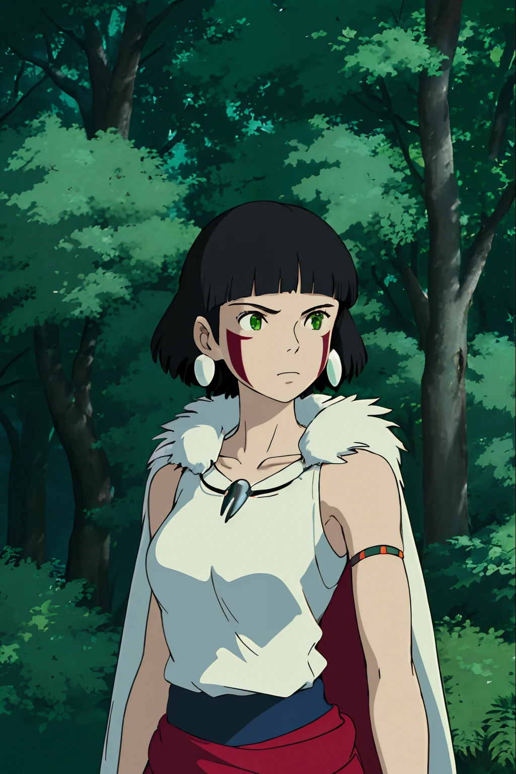 ghibli style, san \(mononoke hime\),
1girl, armlet, bangs, black hair, black undershirt, breasts, cape, circlet, earrings, facepaint, floating hair, forest, fur cape, green eyes, jewelry, looking at viewer, medium breasts, nature, necklace, outdoors, parted bangs, shirt, short hair, sleeveless, sleeveless shirt, solo, tooth necklace, tree, upper body, white shirt

, ((masterpiece))