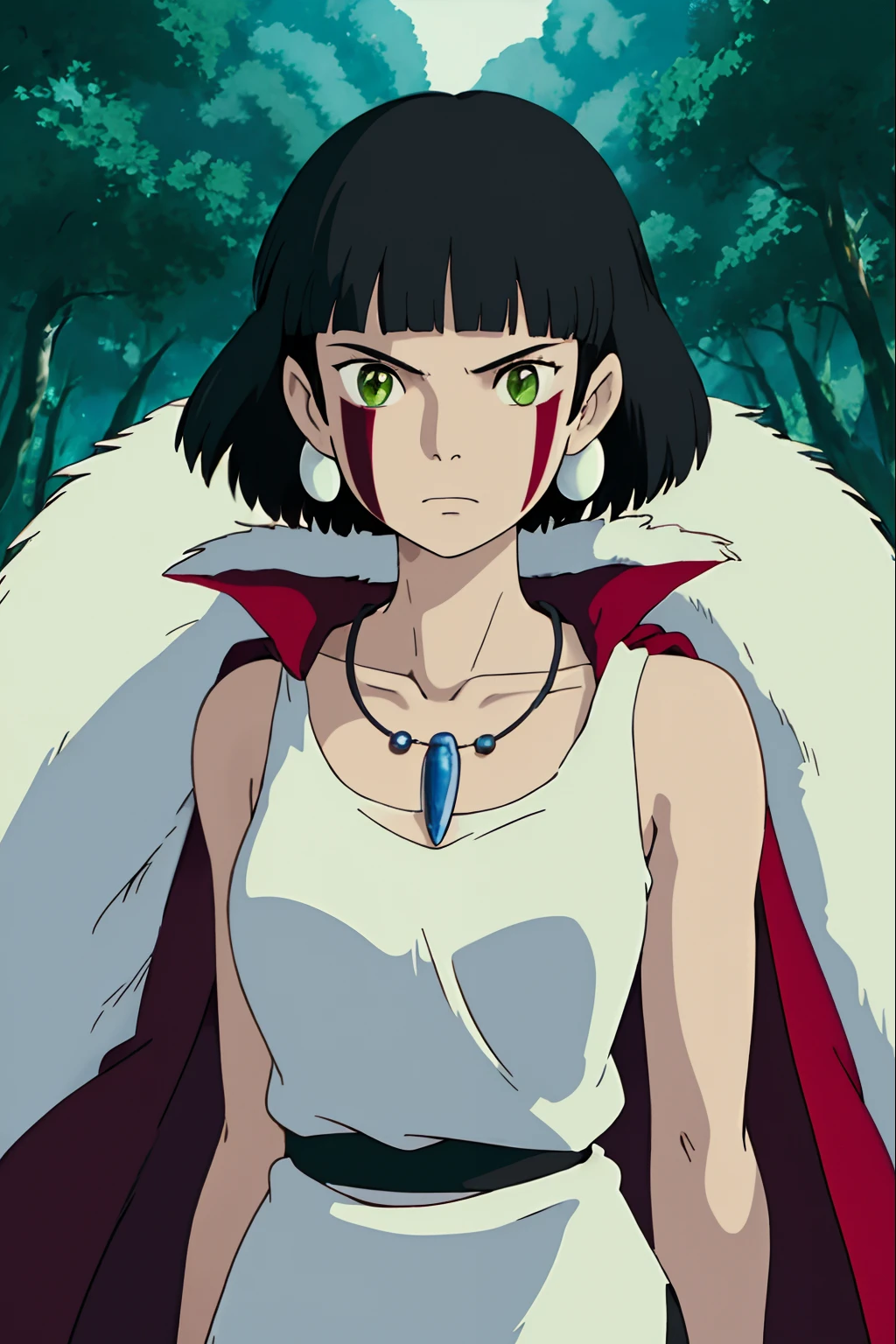 ghibli style, san \(mononoke hime\),
1girl, armlet, bangs, black hair, black undershirt, breasts, cape, circlet, earrings, facepaint, floating hair, forest, fur cape, green eyes, jewelry, looking at viewer, medium breasts, nature, necklace, outdoors, parted bangs, shirt, short hair, sleeveless, sleeveless shirt, solo, tooth necklace, tree, upper body, white shirt
, ((masterpiece))