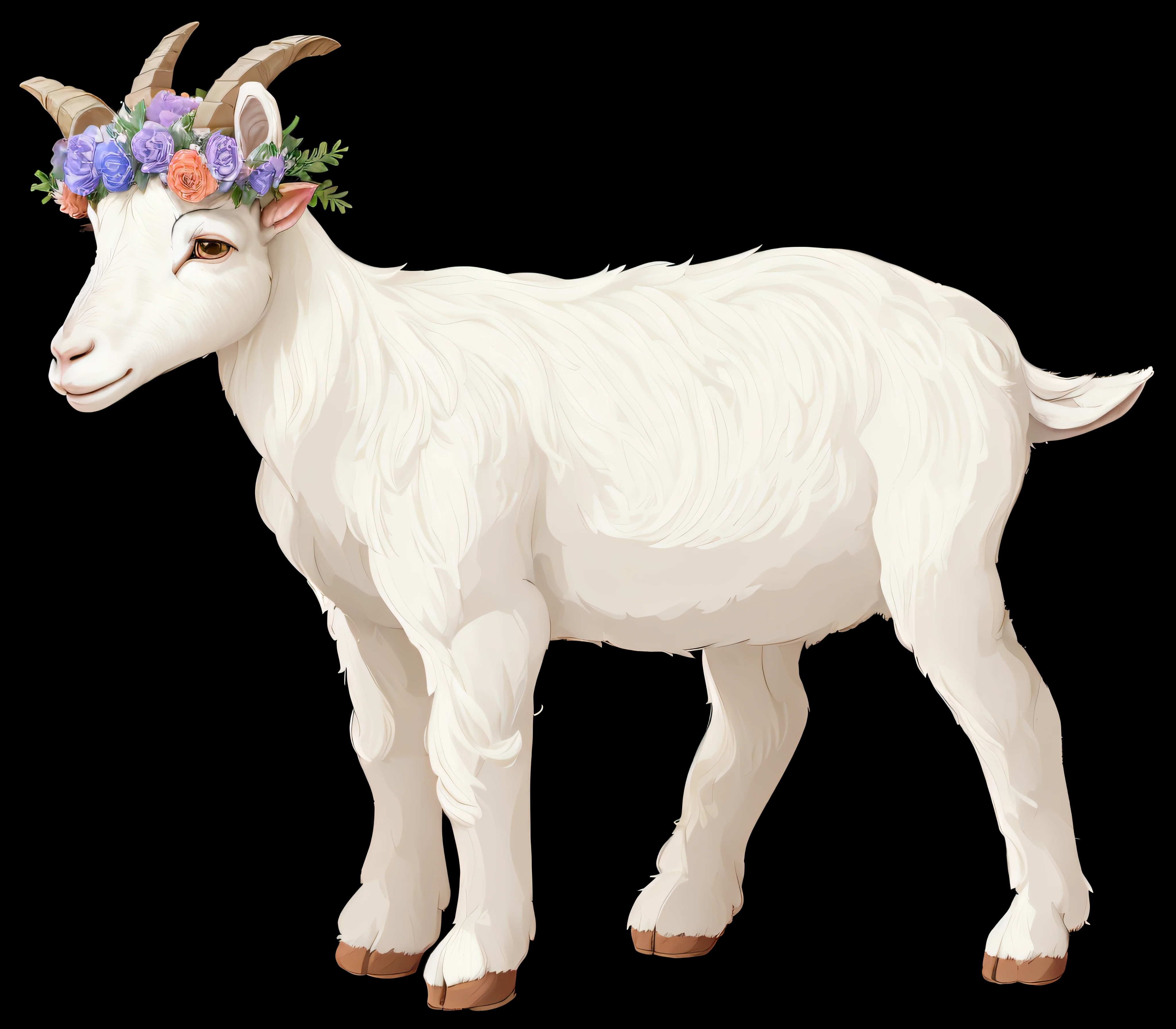 There is a goat with a flower crown on its head, corolla,cartoonish style,Animate