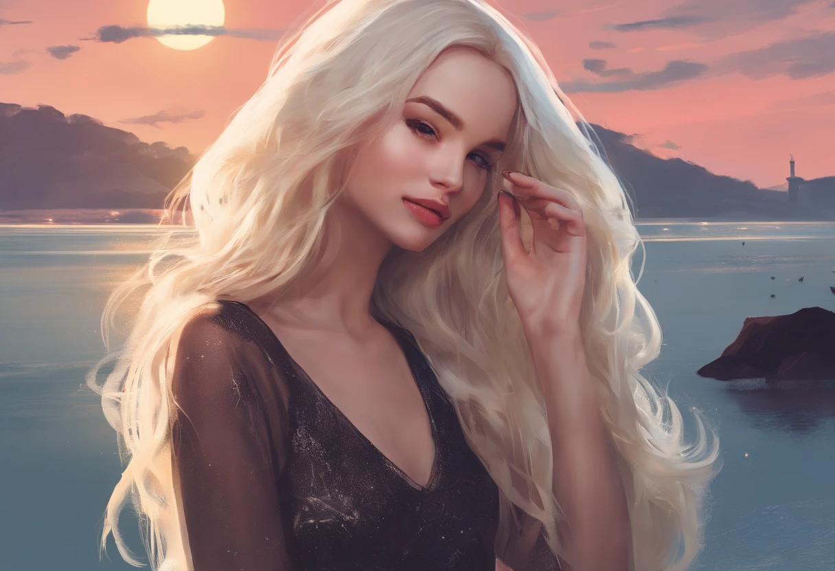 Uma imagem fotorrealista, Dove Cameron with long loose blonde hair fluttering in the wind, she's on the beach, It's night, The sky is full of stars, a lua brilha forte ao fundo, ela usa um vestido branco,vampira, Then her fangs show when she smiles happily, Your hand she holds a cigarette, She brushes her hair out of her face with her hand