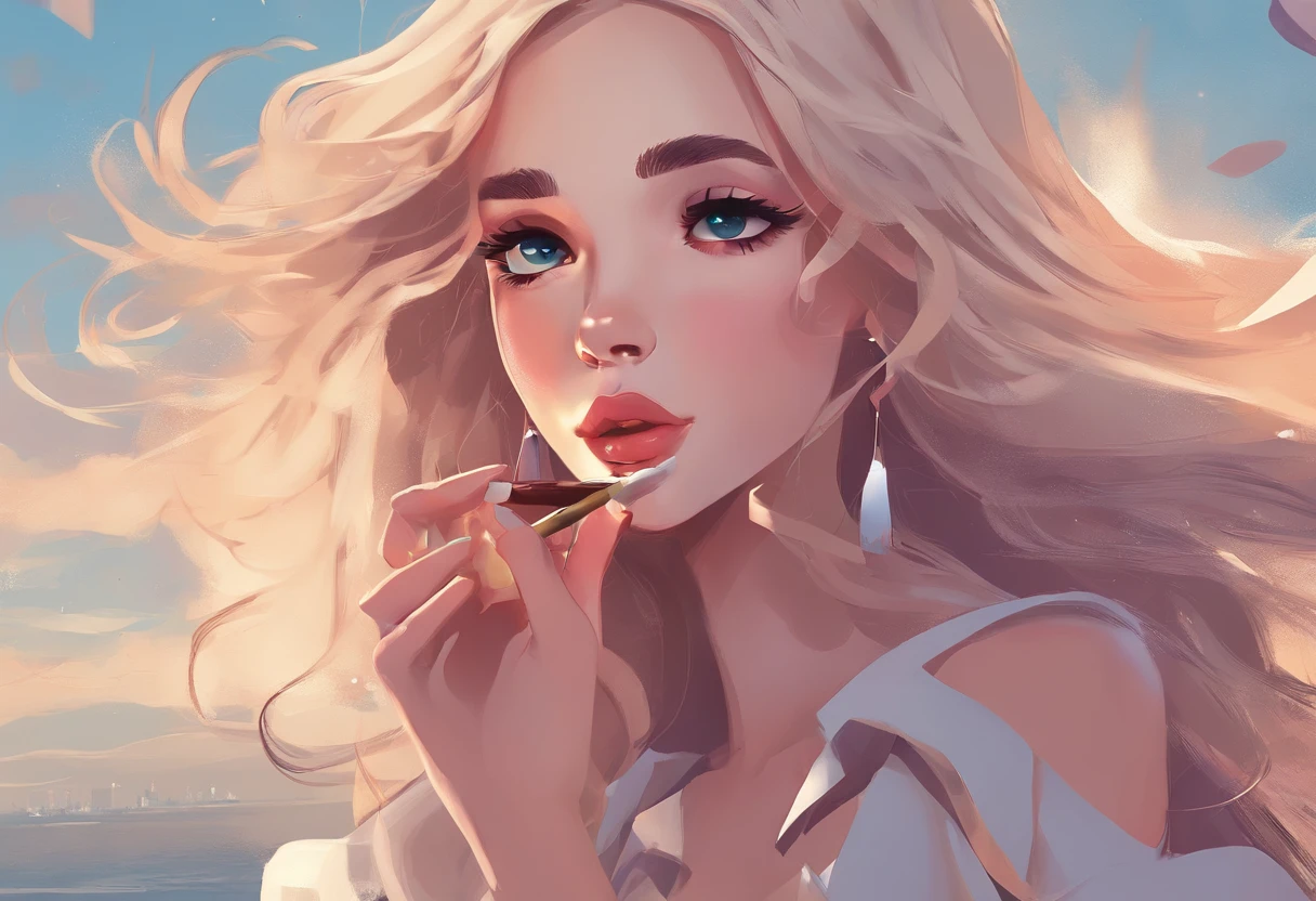 Uma imagem fotorrealista, Dove Cameron with long loose blonde hair fluttering in the wind, she's on the beach, It's night, The sky is full of stars, a lua brilha forte ao fundo, ela usa um vestido branco,vampira, Then her fangs show when she smiles happily, Your hand she holds a cigarette, She brushes her hair out of her face with her hand