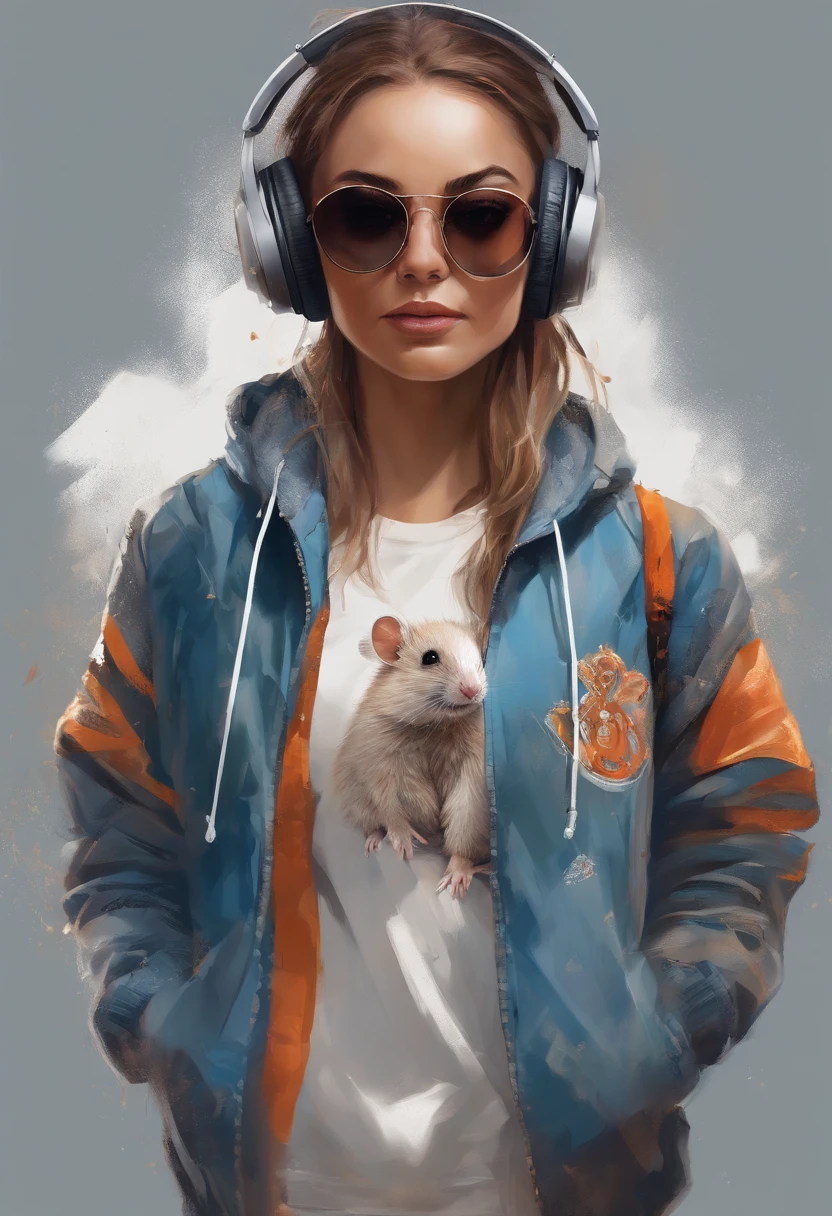 Perfect centering, Cute mouse, Wear a student team jacket, Wearing sunglasses, Wearing headphones, cheerfulness, Standing position, Abstract beauty, Centered, Looking at the camera, Facing the camera, nearing perfection, Dynamic, Highly detailed, smooth, Sharp focus, 8K, high definition resolution, illustration, Art by Carne Griffiths and Wadim Kashin, White background