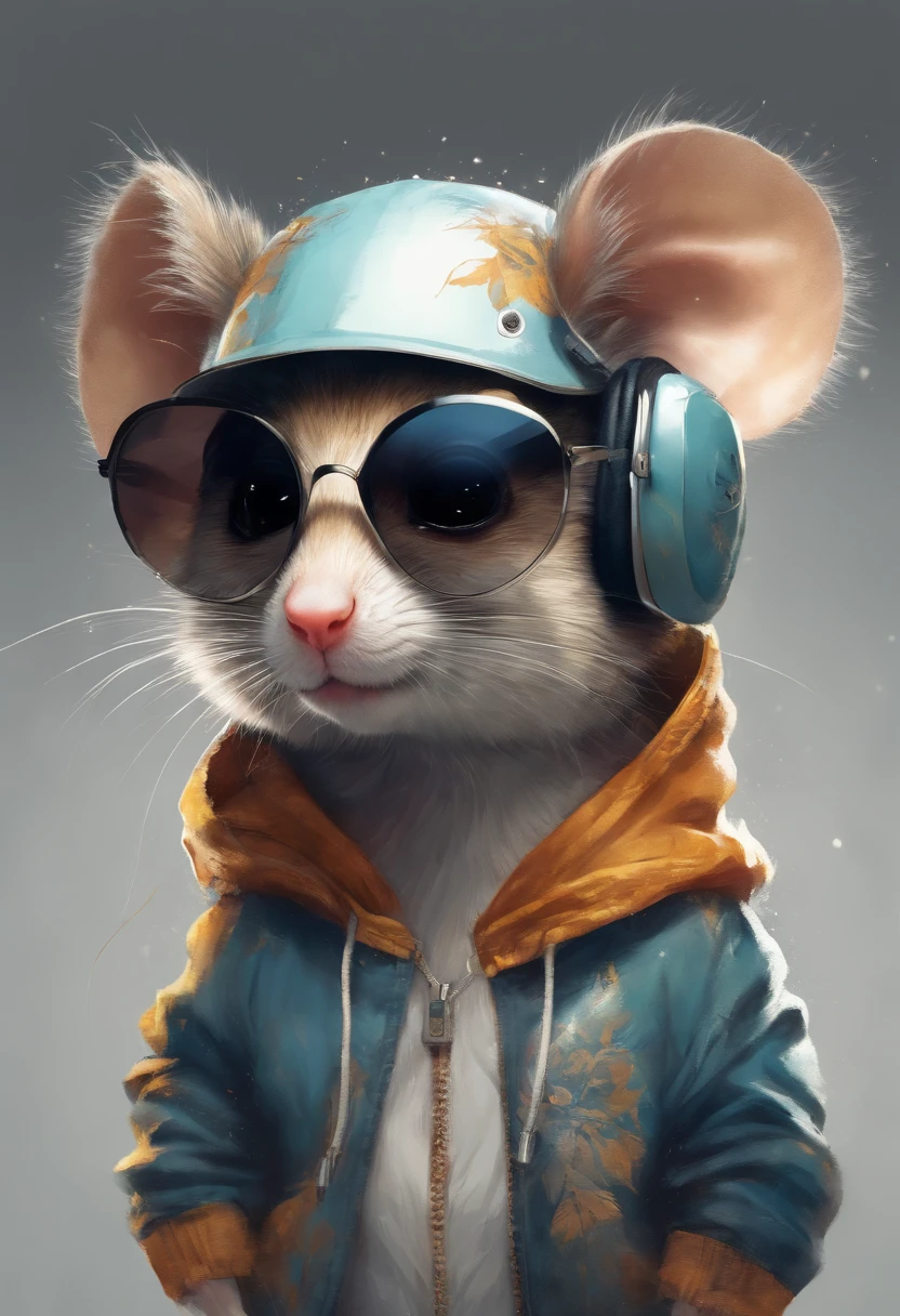Perfect centering, Cute mouse, Wear a student team jacket, Wearing sunglasses, Wearing headphones, cheerfulness, Standing position, Abstract beauty, Centered, Looking at the camera, Facing the camera, nearing perfection, Dynamic, Highly detailed, smooth, Sharp focus, 8K, high definition resolution, illustration, Art by Carne Griffiths and Wadim Kashin, White background
