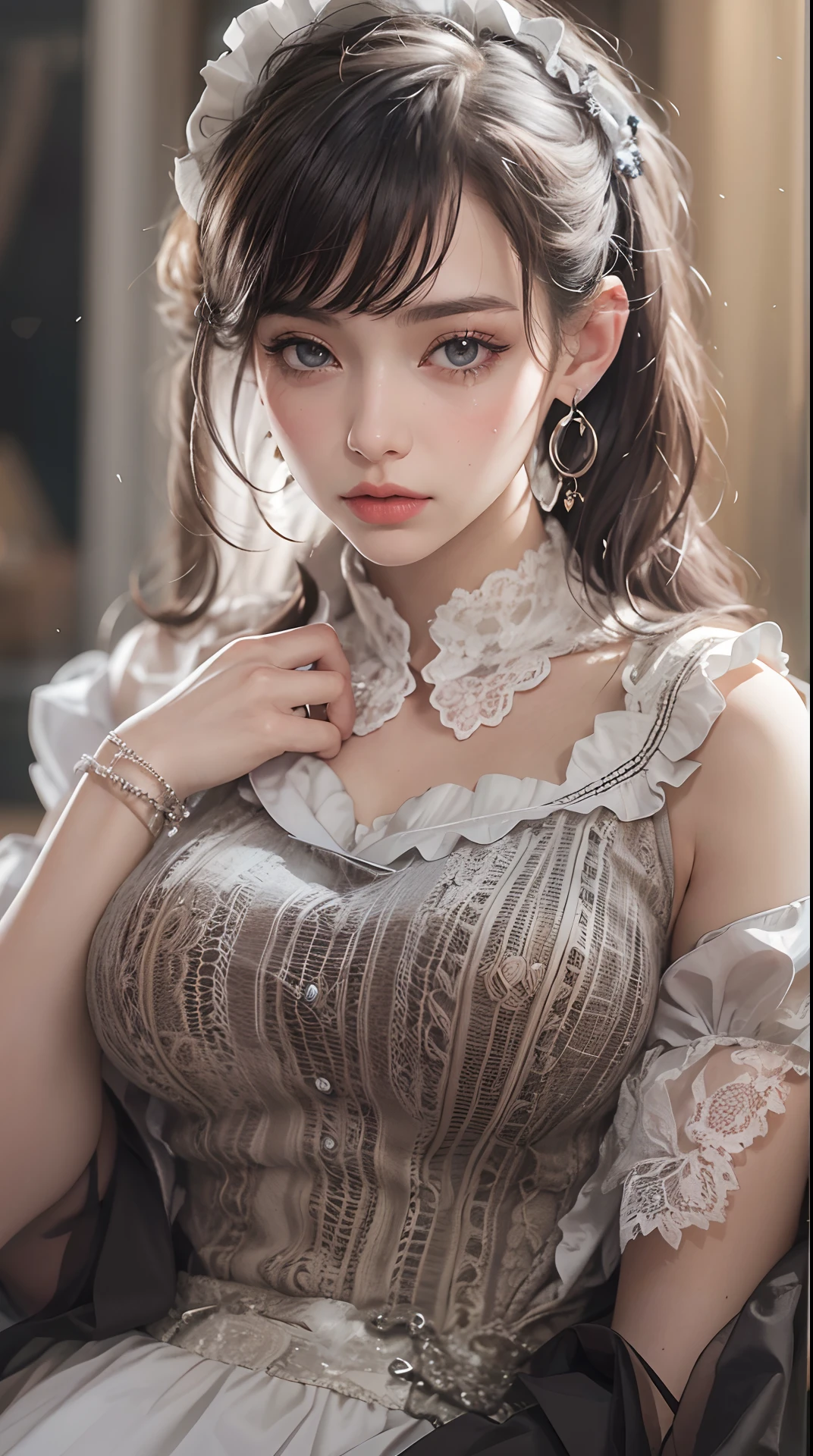 (best quality,4k,8k,highres,masterpiece:1.2),ultra-detailed,(realistic,photorealistic,photo-realistic:1.37),beautiful expressive eyes,long eyelashes,beautiful detailed lips,detailed hair and face,(She looks as if she is about to cry.),clean and flawless skin,(Very large breasts, big tits, oversized tits),Short hair,(Earrings, maid uniform),