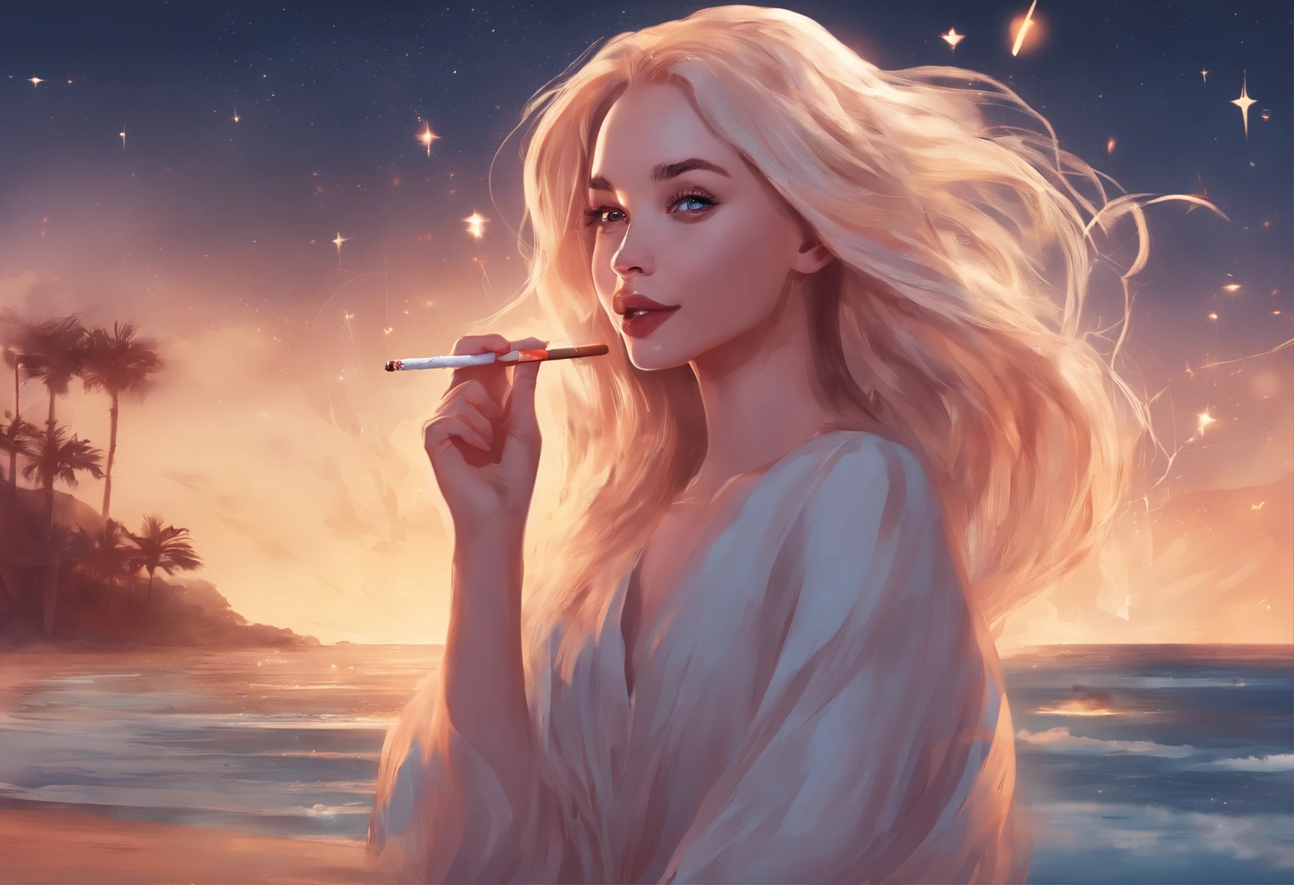 Uma imagem fotorrealista, Dove Cameron with long loose blonde hair fluttering in the wind, she's on the beach, It's night, The sky is full of stars, a lua brilha forte ao fundo, ela usa um vestido branco,vampira, Then her fangs show when she smiles happily, Your hand she holds a cigarette, She brushes her hair out of her face with her hand