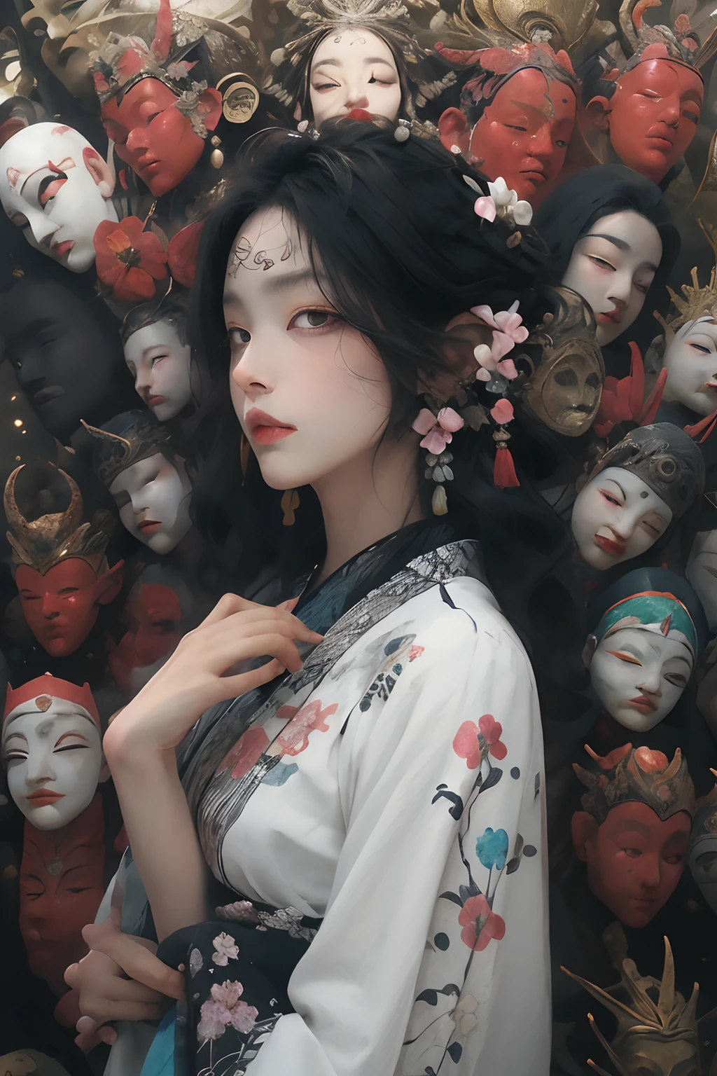A close up of a woman with a bunch of masks on her head - SeaArt AI