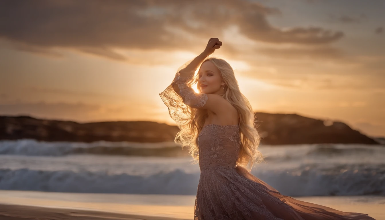 Uma imagem fotorrealista, Dove Cameron with long loose blond hair fluttering in the wind, she's on the beach, It's night, The sky is full of stars, a lua brilha forte ao fundo, ela usa um vestido branco,Vampiro, Em seguida, suas presas aparecem quando ela sorri feliz, Her hand she holds a cigarette, She brushes the hair from her face with her hand