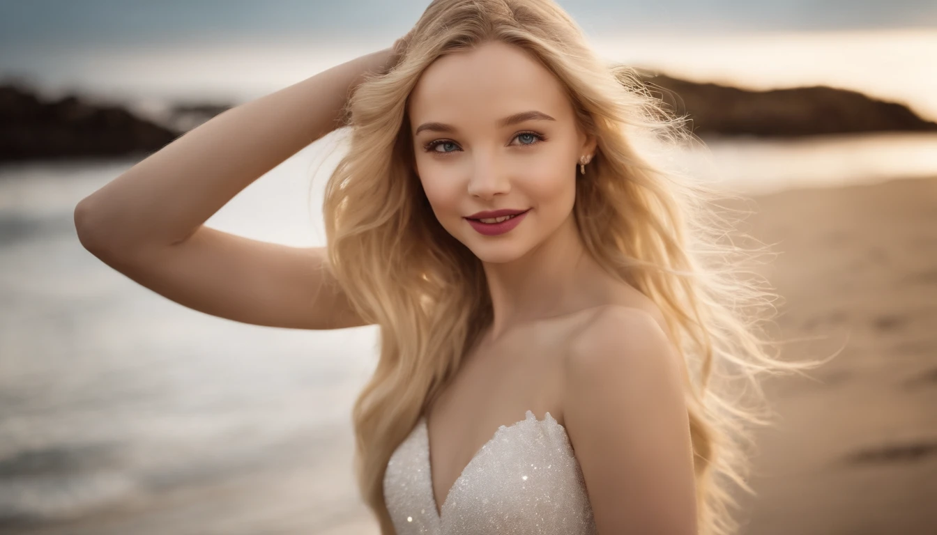Uma imagem fotorrealista, Dove Cameron with long loose blond hair fluttering in the wind, she's on the beach, It's night, The sky is full of stars, a lua brilha forte ao fundo, ela usa um vestido branco,Vampiro, Em seguida, suas presas aparecem quando ela sorri feliz, Her hand she holds a cigarette, She brushes the hair from her face with her hand