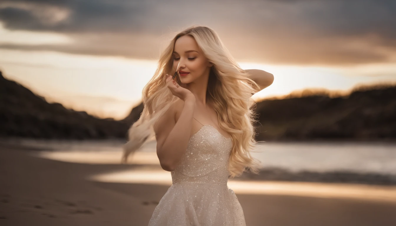 Uma imagem fotorrealista, Dove Cameron with long loose blond hair fluttering in the wind, she's on the beach, It's night, The sky is full of stars, a lua brilha forte ao fundo, ela usa um vestido branco,Vampiro, Em seguida, suas presas aparecem quando ela sorri feliz, Her hand she holds a cigarette, She brushes the hair from her face with her hand
