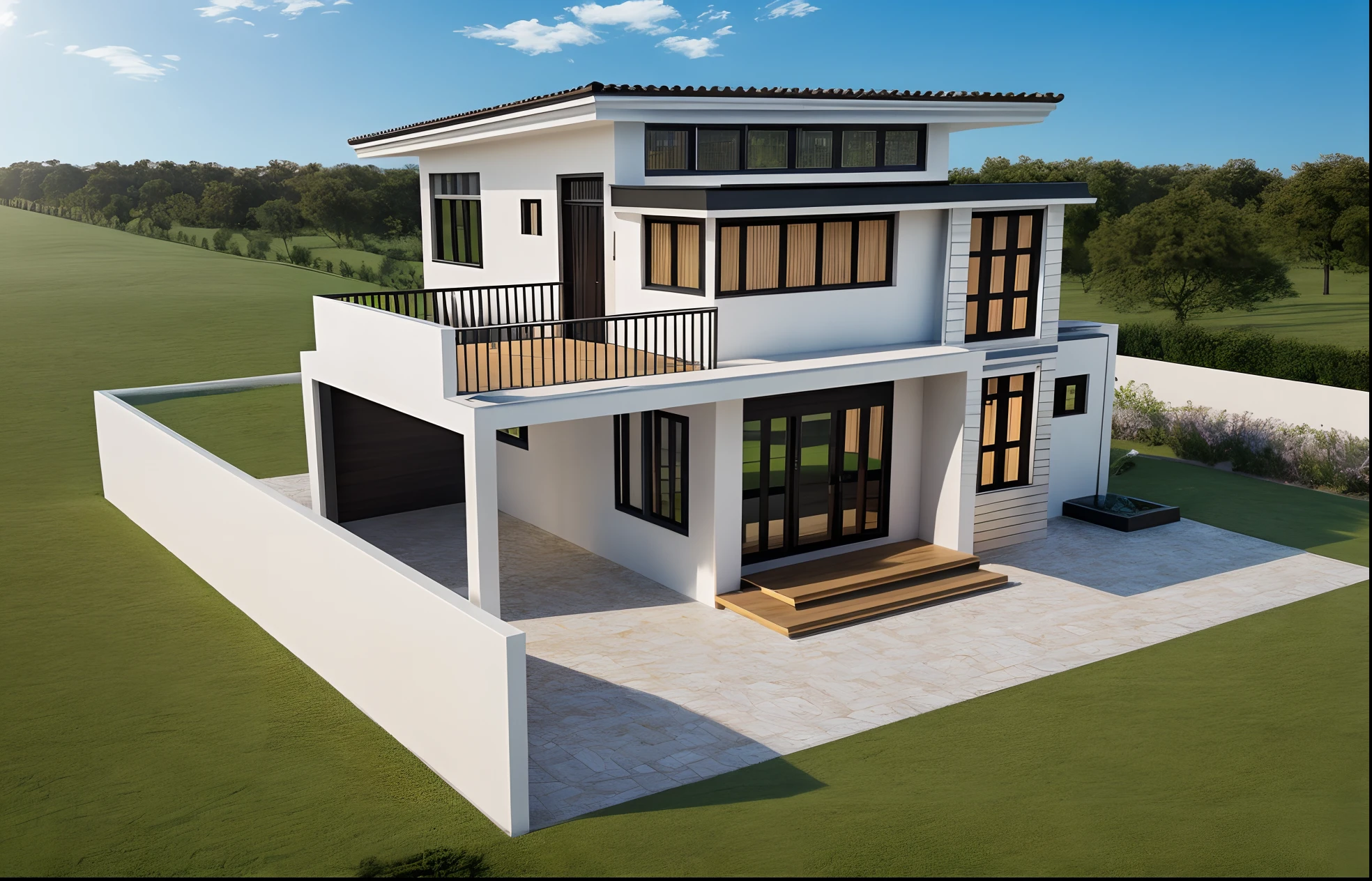 surreal images, high definition, 8k, details, modern, luxurious house, main materials (natural stone, the all door by aluminium of glass, white walls with black details,) beautiful garden, light beautiful light. blue cloudy sky,