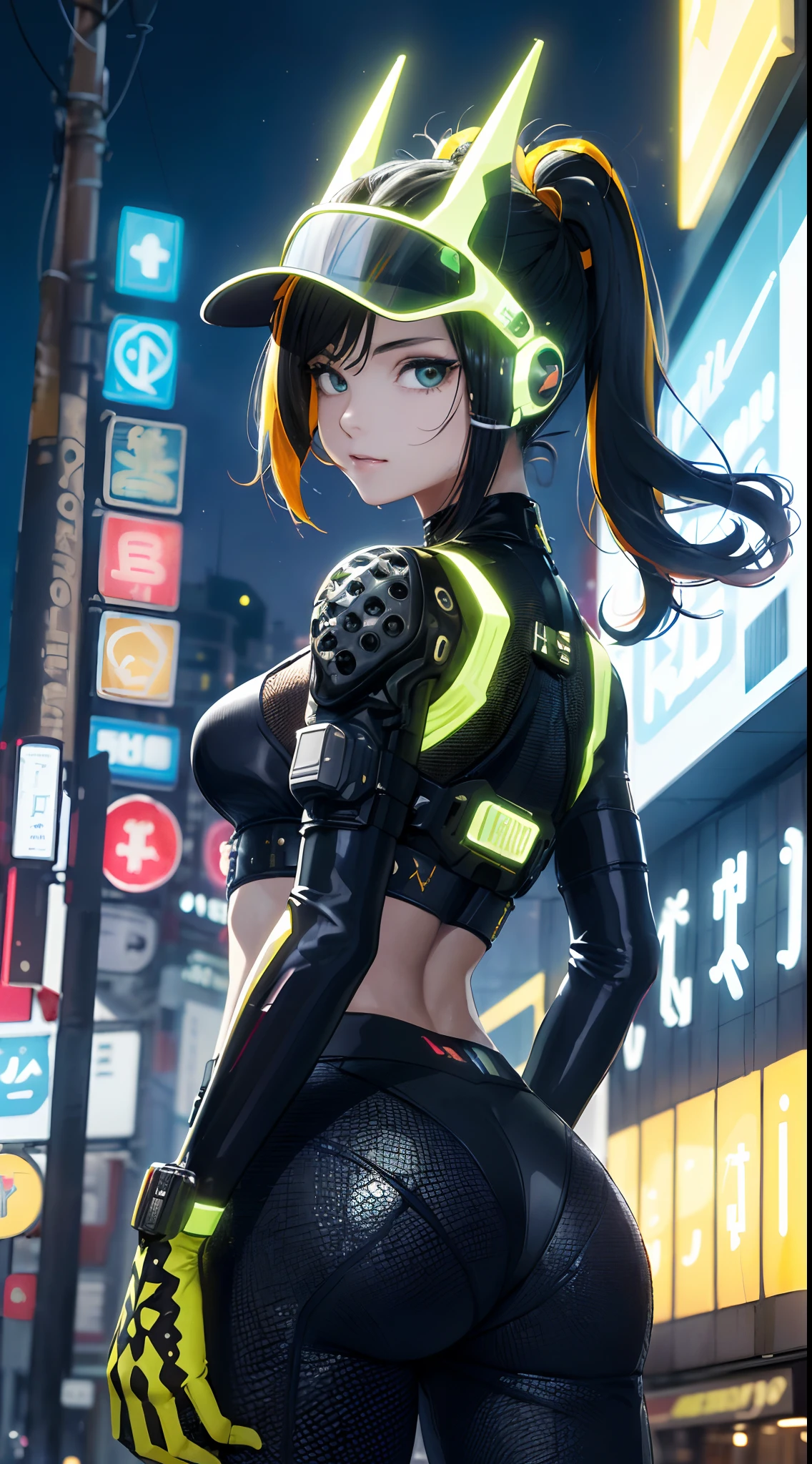 {{Masterpiece,best work}}, top quality, Ultra-detailed CG Unity,8k wallpaper, lens flare, (Detailed beautiful eyes),particle,Miss,Berry short hair,cool face,((Colorful mechanical wool)),rainbow eyes,heterochromia iridis,Big deal,黑紫色Body,Inorganic black headwear,(Perfect Body),cyberpunk,Inorganic decoration,Body,cable,low angle,Whole BodyEsbian,a sexy,high heels boots,night city,rain,Eyes looking down,perfect hands.