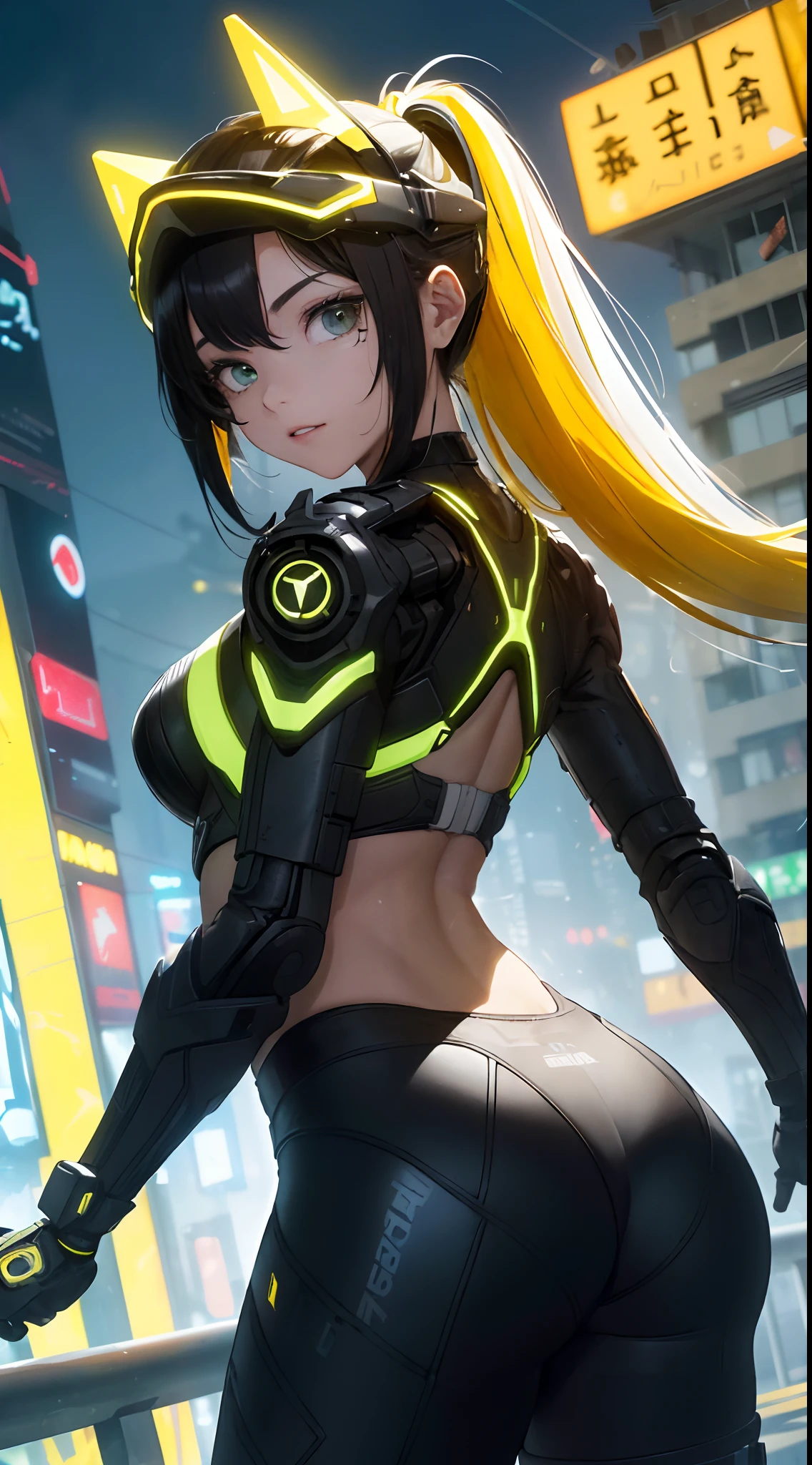 (best qualityer))), (((manga strokes))), (((Headphones))), (((Yellow devices))), hornet antennas and Googles on the forehead, (((Marvel's Wasp))), (((tiny thong shorts))), uma Kizi jovem muito bem vestida com roupas modernas de inverno, short top, short jacket with dark fur collar, beautiful and expressive face, slightly-smile, big eyes with long black eyelashes, heavy make-up, chains and zippers spread across clothes, contrasting colours, pose de atitude, hair with a modern and futuristic cut, urban game poster art, dramatic camera angles, graffiti art elements, ((bird’s eye view))), (((best qualityer: 1.4))), (Unbeatable masterpiece), (hiper HD),(CG 8k hyper-realistic), Kizi, (((standing alone))), pirralha violent, (((14歳))), sexly, pose de atitude, work of art, post-apocalypse, (((manga style))), bounty hunter, violent, Manic, the way you want, slenderbody, thin but strong, perfectbody, roupa moderna, advanced technology, neon, sleeves with vertical striped pattern