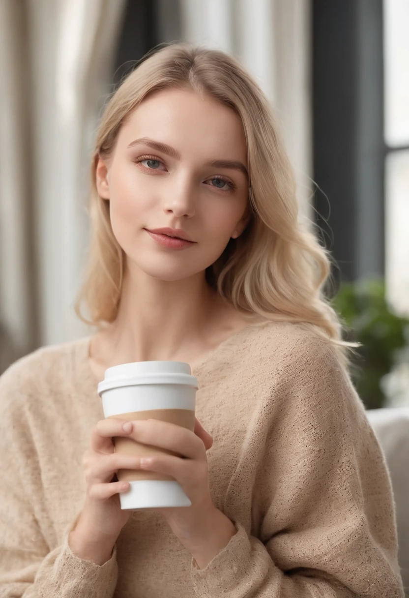 professional full body photo, (4k photo:1.1) by (Jeremy Lipking:0.3), (Dittmann Anna:0.3), (Arian Mark:0.3), (Sharp focus:1.3), high detail, holding coffee cup in her hand smiling, blond hair, russian, instagram model pose, confident, fit girl, lean girl, medium breasts:1.2, perfect anatomy, perfect symmetry:1.2, realistic, realistic face:1.2, perfect face, happy, confident, highly detailed, and dramatic, cinematic lighting, bright scene, soft lights, instagram story, 9-16, white sweatshirt.