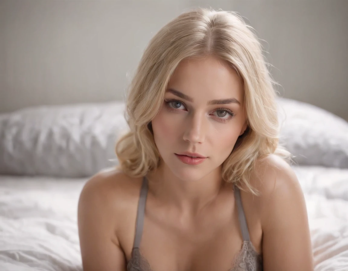 A sexy blonde girl, dressed in a gray lace underwear, lying on a bed,