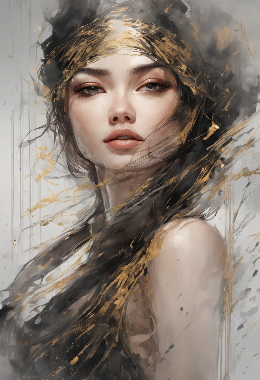 Perfect centralization, Fantastic Black Golden Beams, alegria, Standing position, beleza abstrata, Centrado, looking at the camera, Facing the camera, Approaching perfection, Dynamic, altamente detalhado, liso, foco nítido, 8k, alta resolução, illustration, arte de Carne Griffiths e Wadim Kashin, asian beauty, feixes dourados, feixes laranja, feixes pastel, Rosto realista, rosto detalhado, cabelo prateado, fundo em movimento, fundo em aquarela, fundo nebuloso,