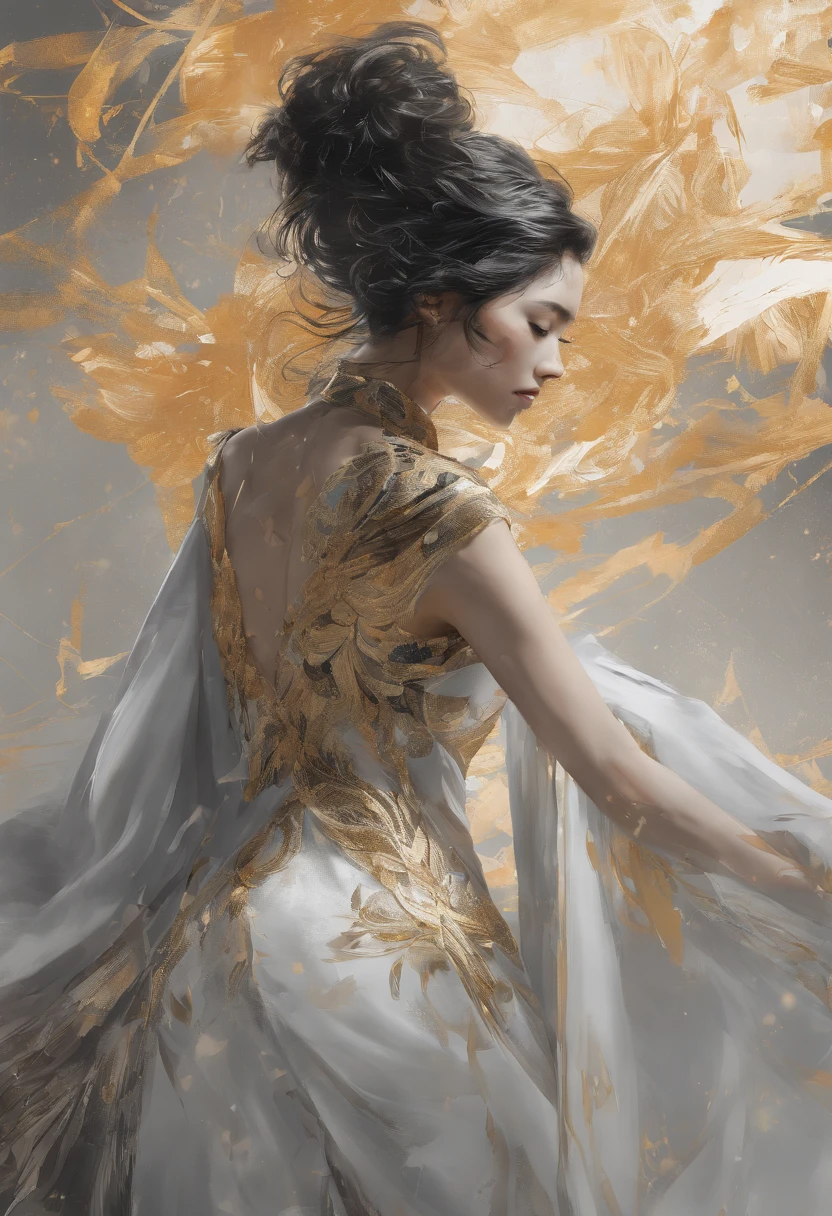 Perfect centralization, Fantastic Black Golden Beams, alegria, Standing position, beleza abstrata, Centrado, looking at the camera, Facing the camera, Approaching perfection, Dynamic, altamente detalhado, liso, foco nítido, 8k, alta resolução, illustration, arte de Carne Griffiths e Wadim Kashin, asian beauty, feixes dourados, feixes laranja, feixes pastel, Rosto realista, rosto detalhado, cabelo prateado, fundo em movimento, fundo em aquarela, fundo nebuloso,