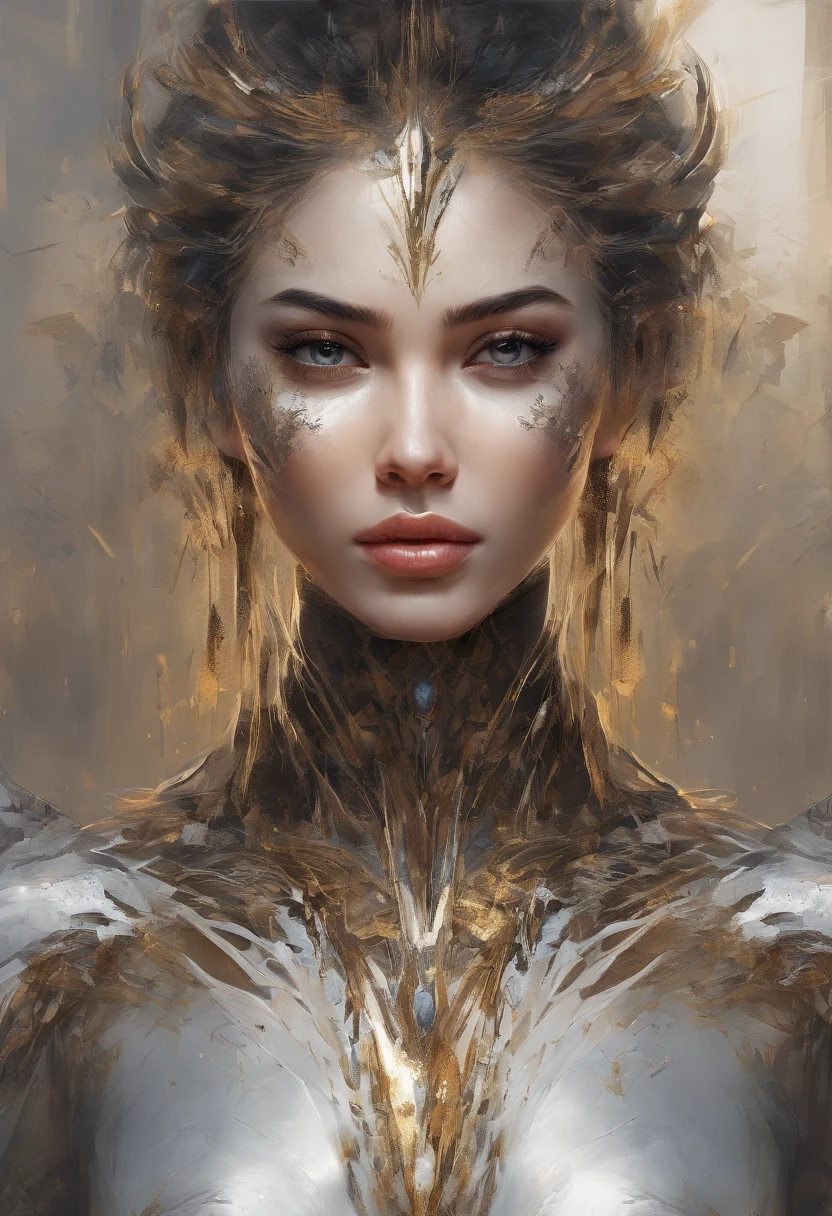 Perfect centralization, Fantastic Black Golden Beams, alegria, Standing position, beleza abstrata, Centrado, looking at the camera, Facing the camera, Approaching perfection, Dynamic, altamente detalhado, liso, foco nítido, 8k, alta resolução, illustration, arte de Carne Griffiths e Wadim Kashin, asian beauty, feixes dourados, feixes laranja, feixes pastel, Rosto realista, rosto detalhado, cabelo prateado, fundo em movimento, fundo em aquarela, fundo nebuloso,