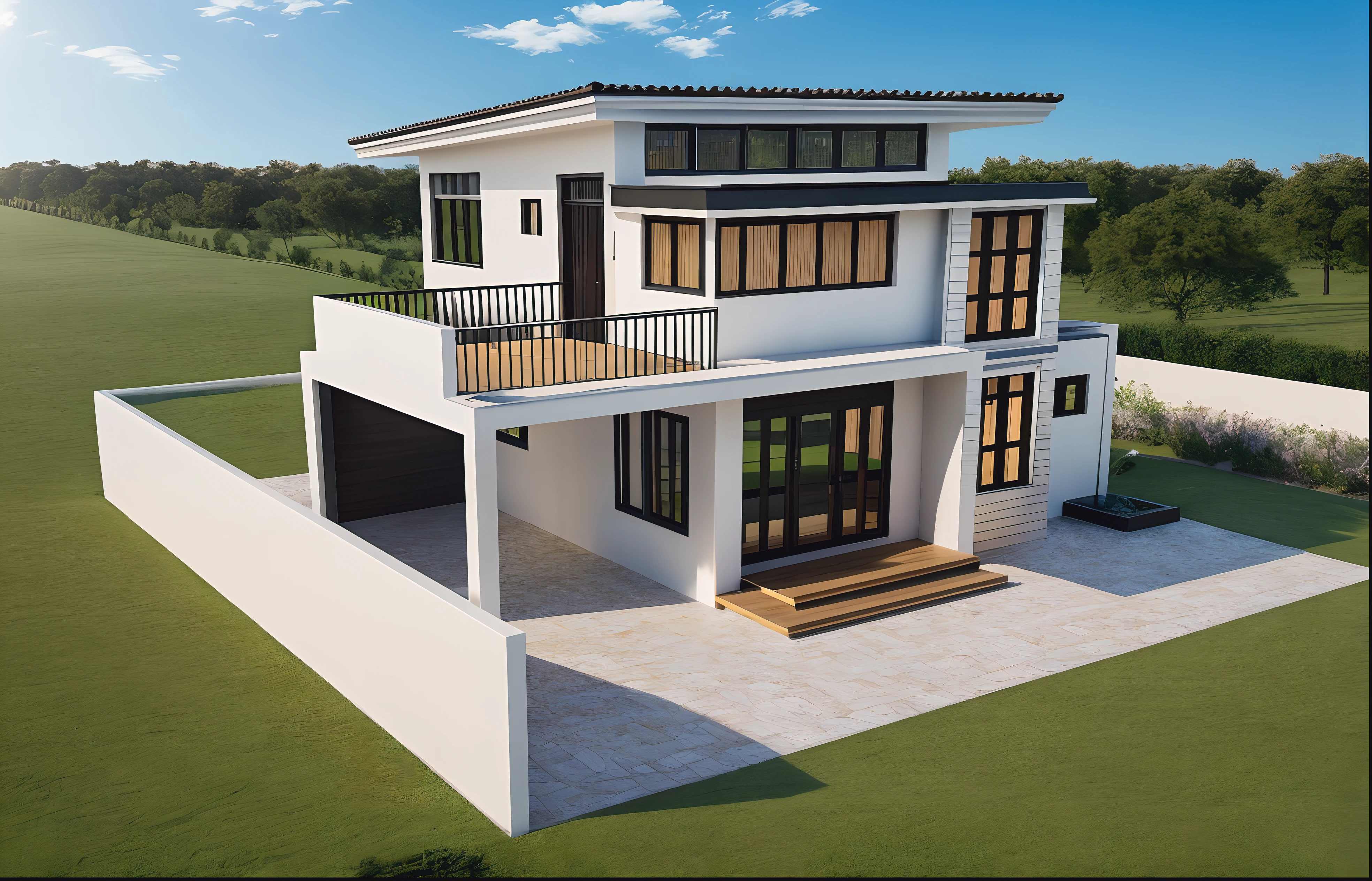 surreal images, high definition, 8k, details, modern, luxurious house, main materials (natural stone, the all door by aluminium of glass, white walls with black details,) beautiful garden, light beautiful light. blue cloudy sky,
