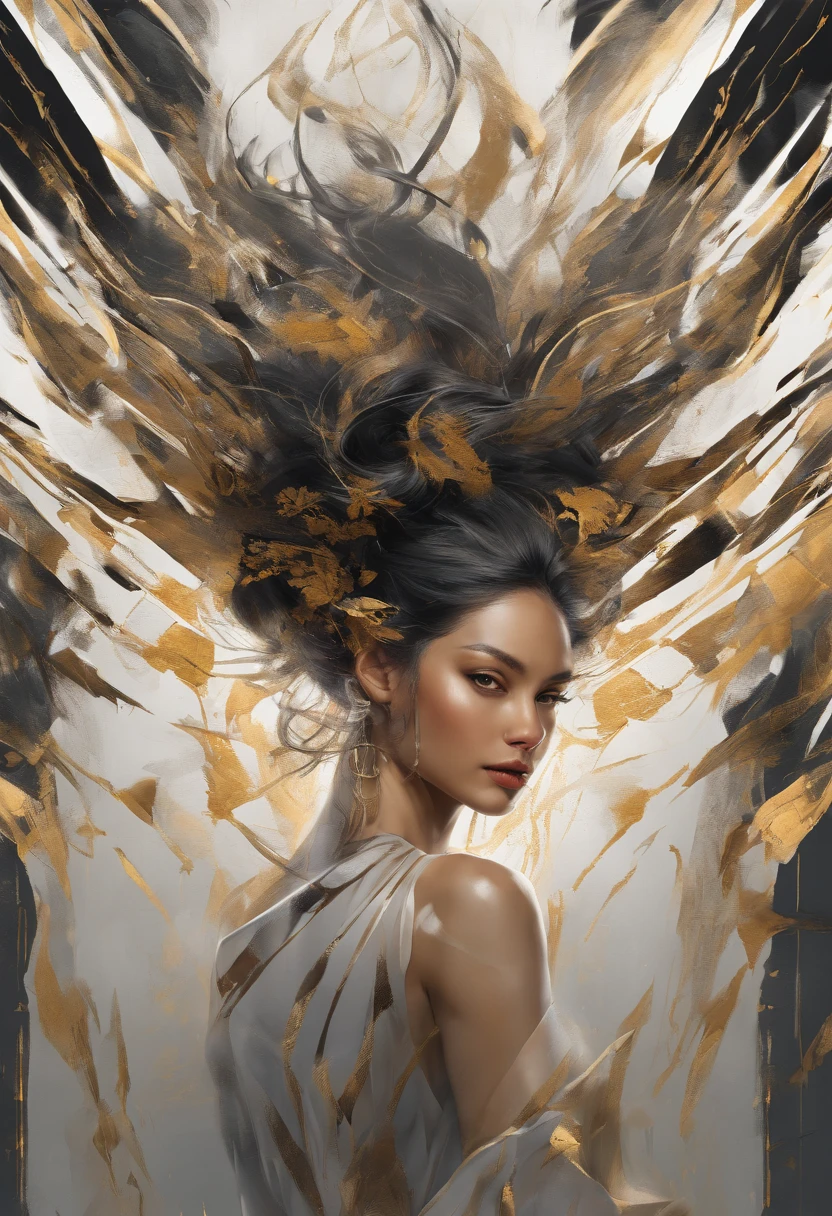 Perfect centralization, Fantastic Black Golden Beams, alegria, Standing position, beleza abstrata, Centrado, looking at the camera, Facing the camera, Approaching perfection, Dynamic, altamente detalhado, liso, foco nítido, 8k, alta resolução, illustration, arte de Carne Griffiths e Wadim Kashin, asian beauty, feixes dourados, feixes laranja, feixes pastel, Rosto realista, rosto detalhado, cabelo prateado, fundo em movimento,