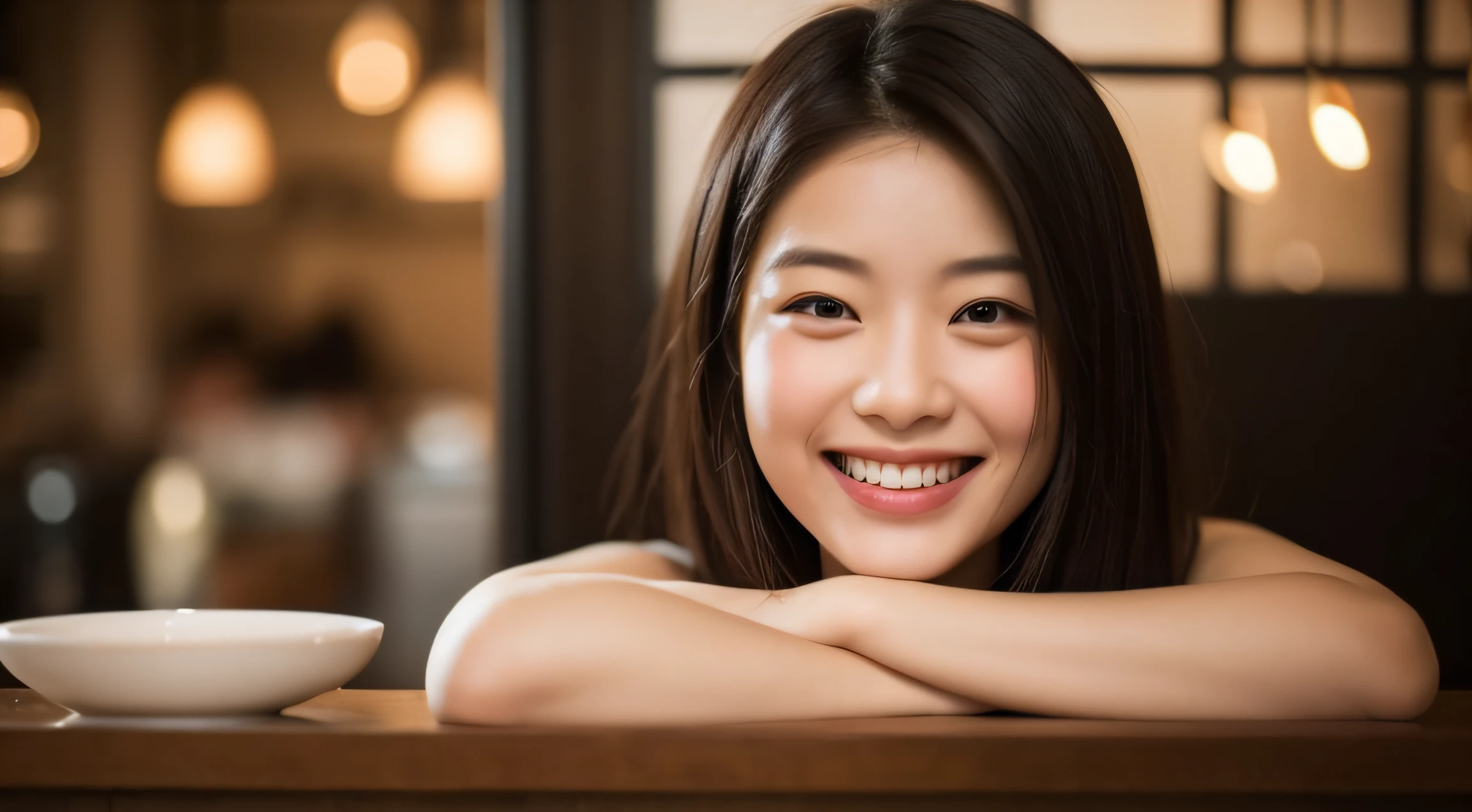 Asian woman looking at camera in coffee shop and smiling　Photorealsitic, A smile, beautiful a girl, cute little, length hair, depth of fields, hight resolution, ultra-detailliert, detaile, extremely detailed eye and face, Sharp pupils, Realistic pupils, foco nítido, Cinematic lighting