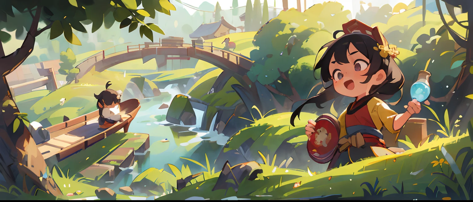 A girl with ancient Chinese style, Joyful, In the Chinese landscape by the river, standing in grassy field. Look up. There are willows on the head.The artwork is of the highest quality, Clear focus and sharp details. It's a masterpiece (1.2) This is very realistic (1.2) The background is blurred out (Bokeh effect) and the best quality. The skin of the girl is described in detail (1.3), With complex and realistic features. The image is in 8K resolution, Capture every tiny detail, Especially in the eyes of girls. The overall painting is sharply focused, The girl had a happy expression on her face.
