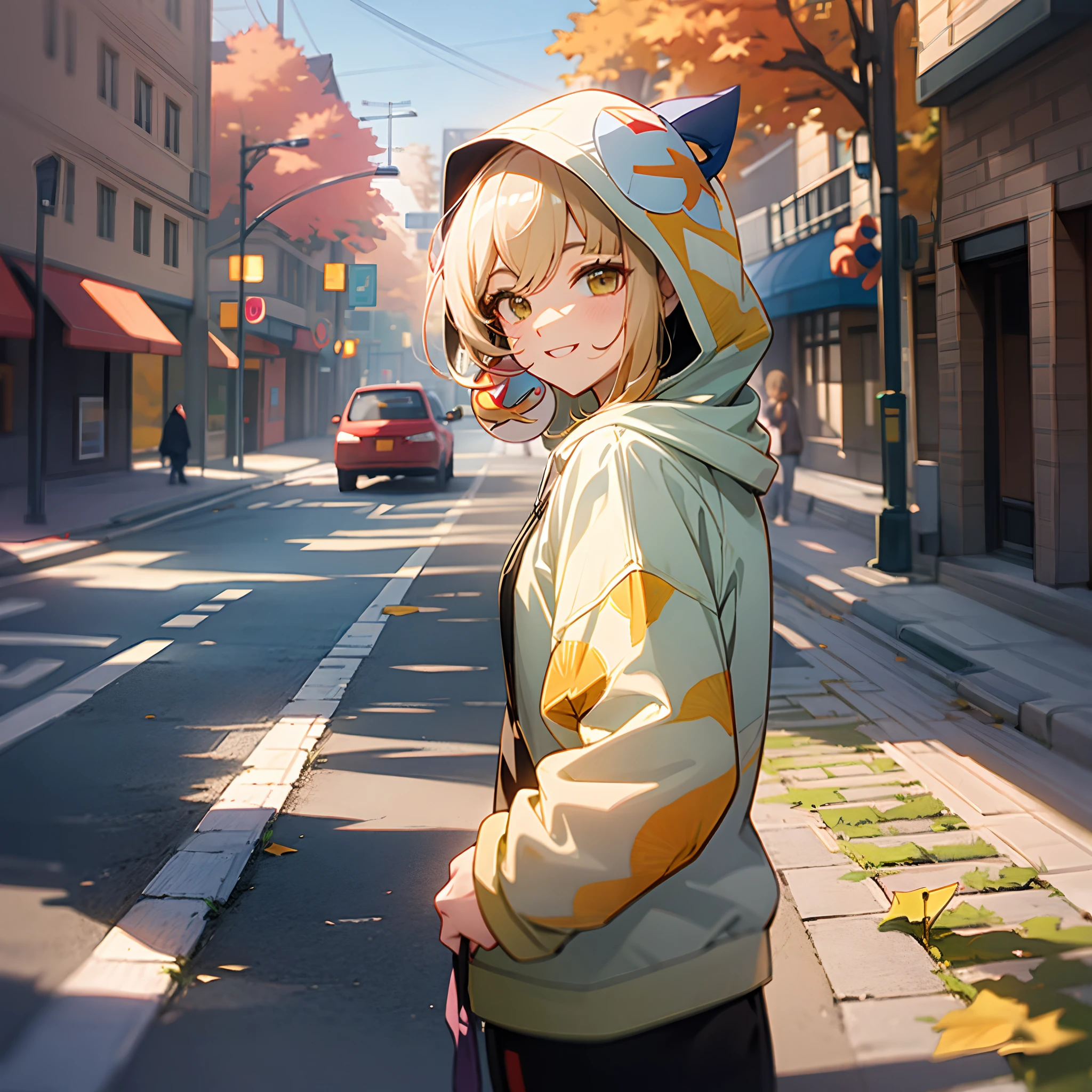 Autumn hooded sweatshirt，Again on the streets full of ginkgo biloba，Random actions，Random expressions，ssmile，cheerfulness，rays of sunshine，