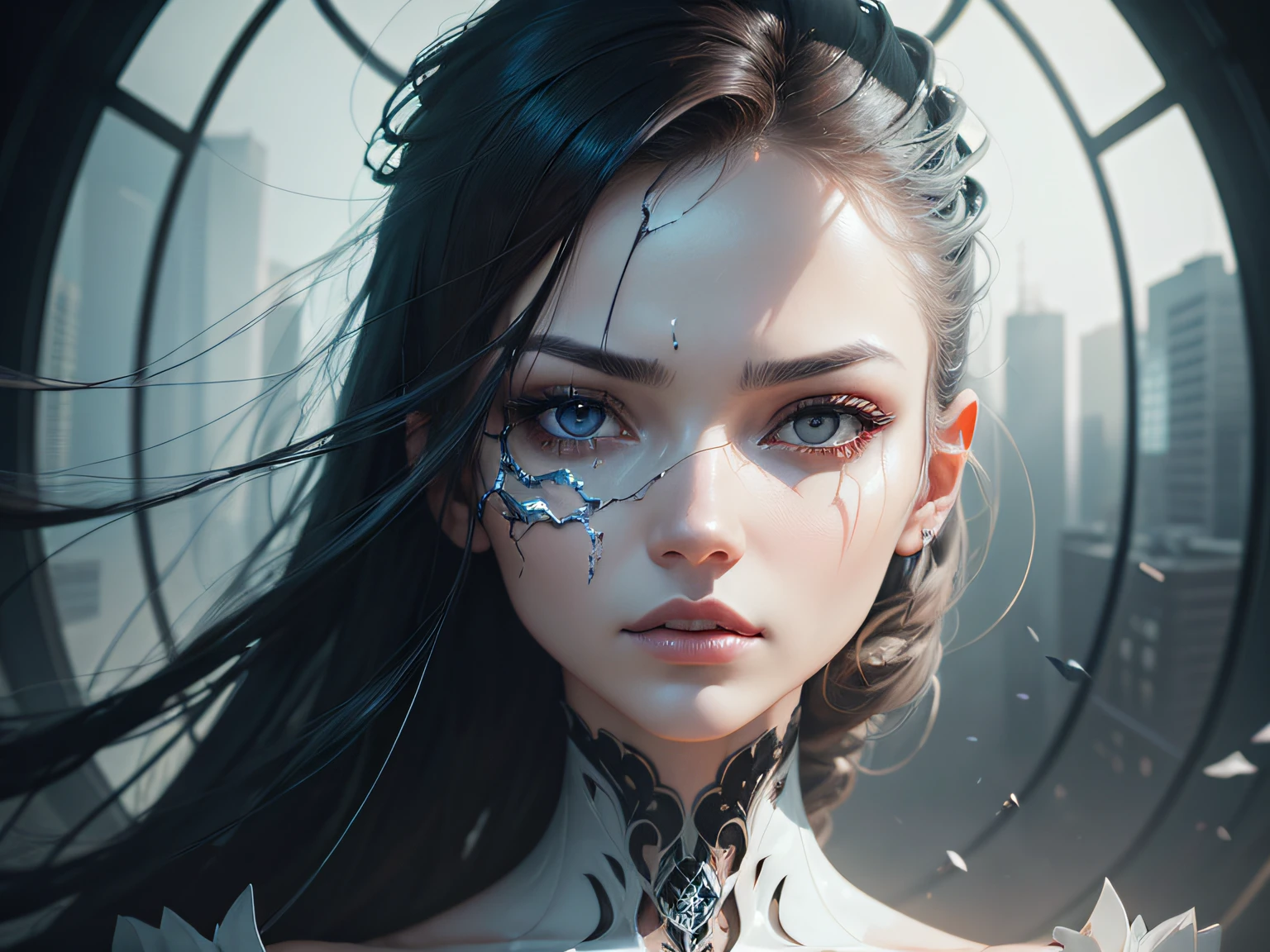(dark brown eyes:1.2),There is a woman whose face is broken and the glass is broken, porcelain cyborg, Breathtaking digital art, amazing digital art, Highly conceptual figurative art, beautiful digital works of art, stunning digital art, Incredible digital art, cracked porcelain face, elaborate digital art, Interconnected human life forms, Ceramic cyborg, intricate digital painting, hyperrealistic surrealism, Digital art that bends the mind, Stunning artwork
