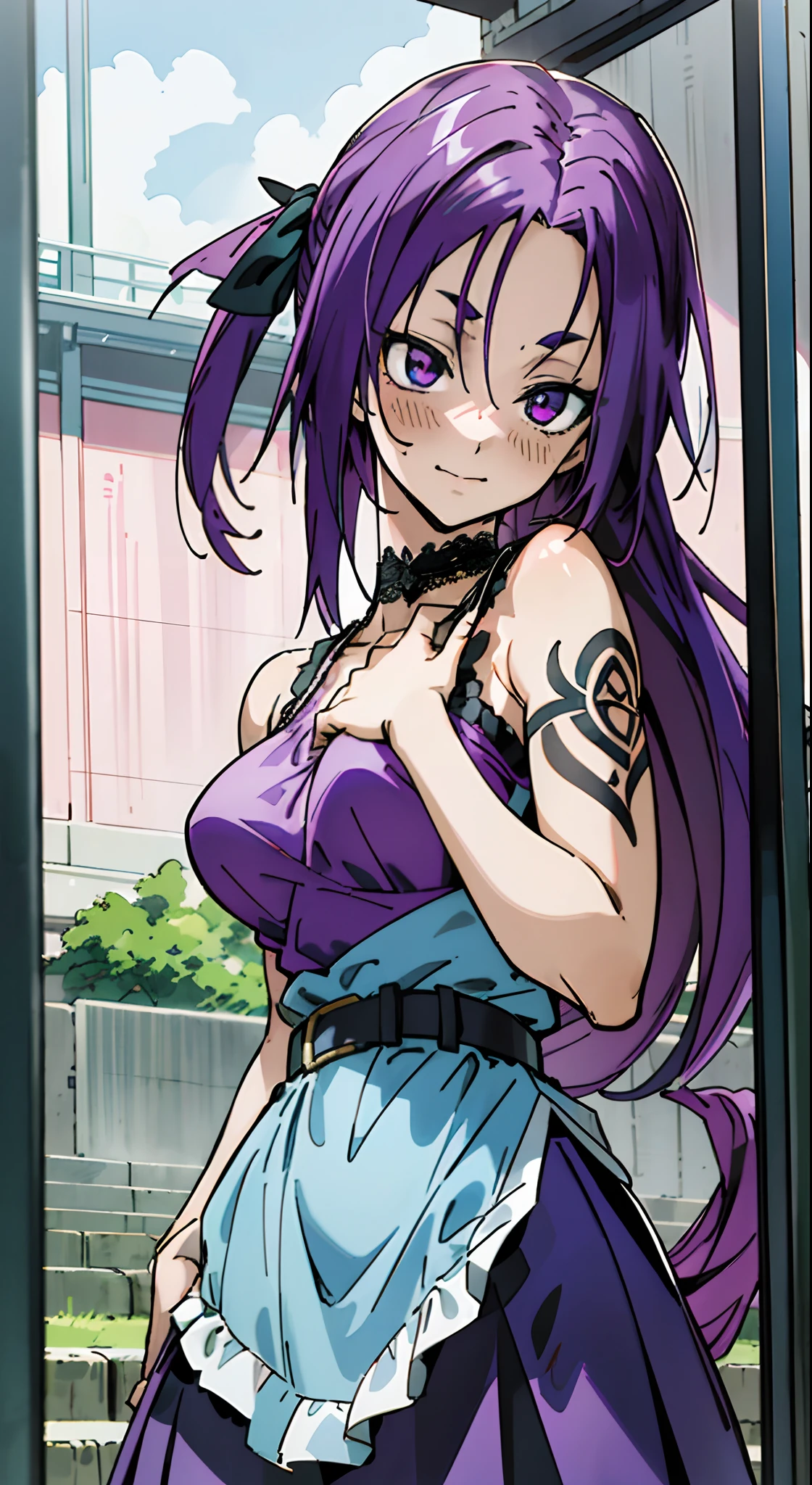 masutepiece, Best Quality, Ultra-detailed, Colorful,Up-close, Hyper-detailing，purple color  hair, Ultra-realistic hair quality, Vibrant colors, Beautuful Women, Beautiful long hair, Shiny hair, detailed hairs, Hair Ribbon, Single-sided up, Reo Mikage, Blue Lock, no sleeves, Camisole and cheongsam, Blue Camisole, Blue Dress, Dress, Lace dress, chinese clothes, Chest exposure, Lace underwear, Metamorphosis is exposed, Belt bag, Choker, Black Choker, arm warmer, complete fingers, Five Fingers, Two arms, Two hands, The tattoo, body tattoo, arm tattoos, Blue Rose Tattoo, Tattoo on the wrist, Tattoo on the thigh, Relative area, Sexy breasts, Big breasts, red blush, 1girl in, Solo, Sharp face, Heterochromia, Green eyes, Purple eyes, Bare neck, Happy face, Beautiful sky, shining sky, Roman colosseum, stage