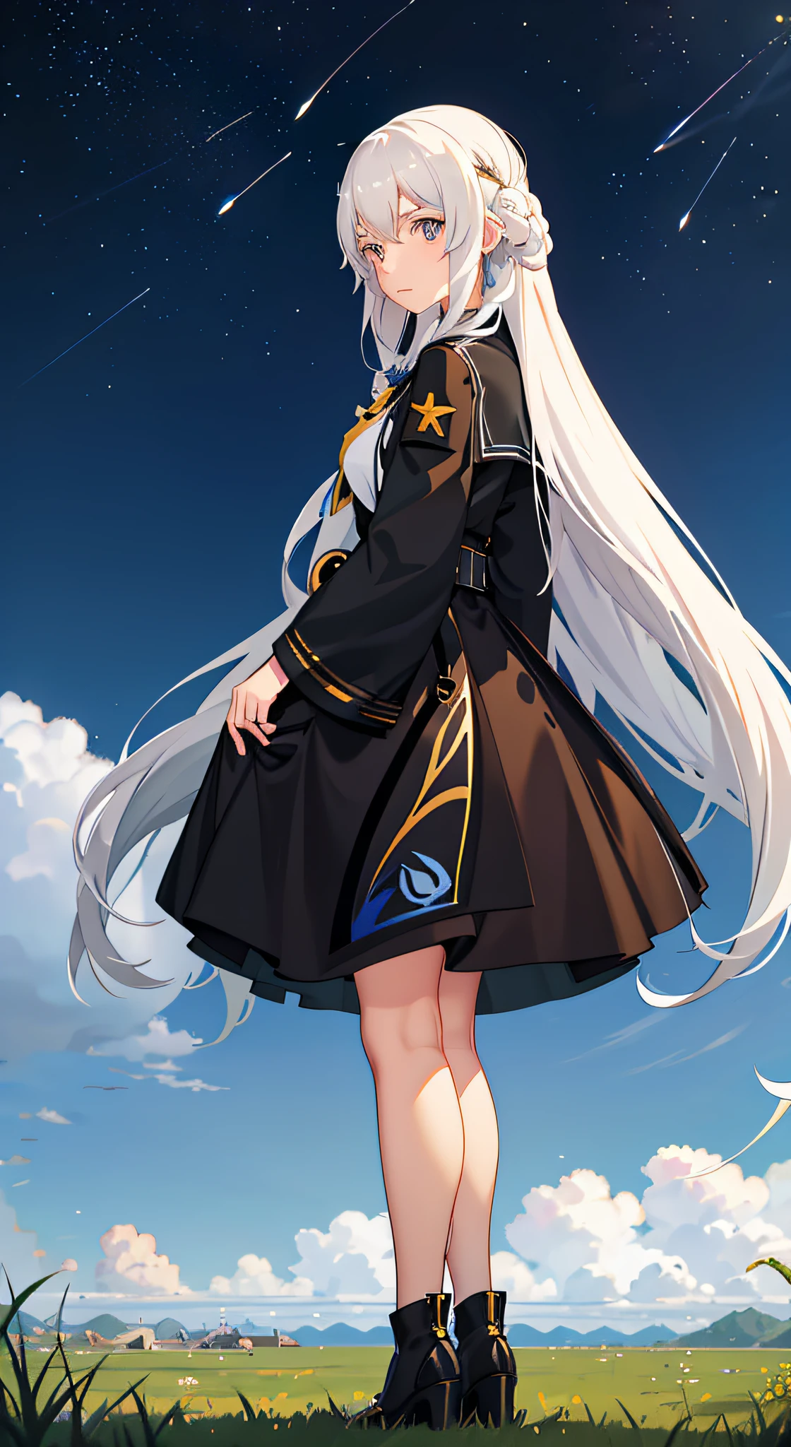 Anime girl with long white hair standing in the grass、Stars in the sky, from girls frontline,Facing right as seen from the viewer, Kantai Collection Style, from arknights, guweiz on pixiv artstation, Trending on ArtStation pixiv, girls frontline style, guweiz on artstation pixiv, anime girl wearing a black dress, zerochan art, white haired god