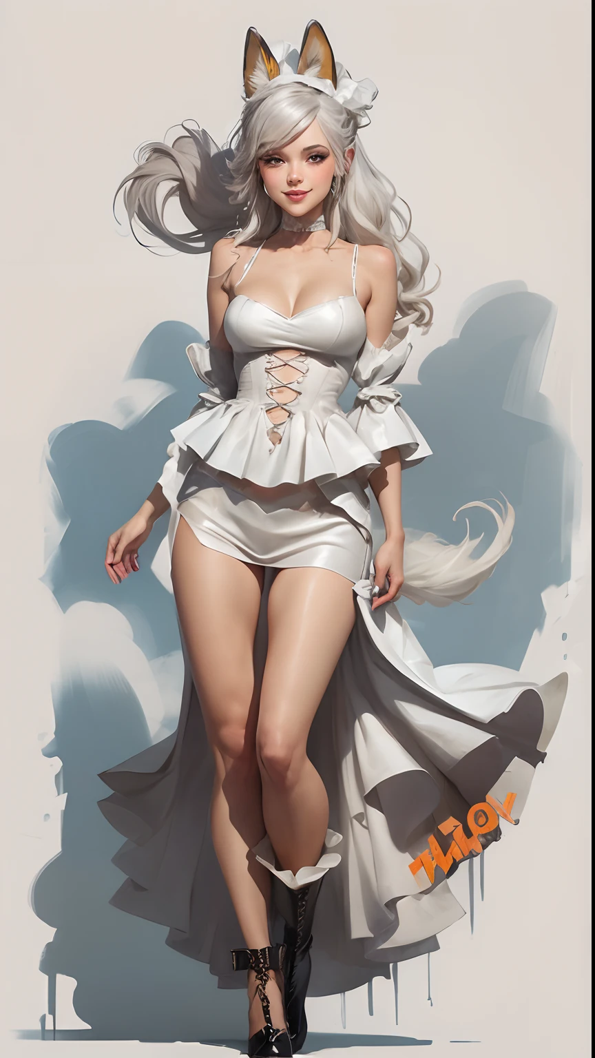 Sketchbook style hand drawing:full body of a frivolous and beautiful Ukrainian . Bashful smile, ponytail, navel, attractive and spectacular SM costume, provocative and scandalous pose. Extreme high heels and long boots, white miniature leather wear, .POV,five. Splash art.Halloween, making fox ears and wearing them on her head,Cartoon-style caricatures.