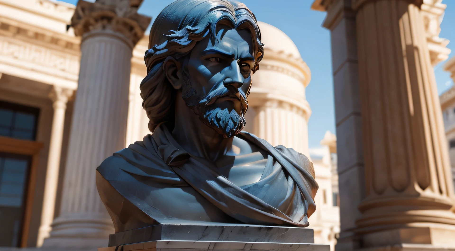 best quality,ultra-detailed,realistic,3D rendering,portrait,
Greek philosopher statue,black background,bronze texture,detailed facial features,wisdom in the eyes,serene expression,wise beard,aged skin,robe attire,thoughtful pose,impressive craftsmanship,intricate details,subtle shading,studio lighting,sublime artwork,vivid colors,powerful presence,philosophical atmosphere,classic masterpiece,eternal wisdom