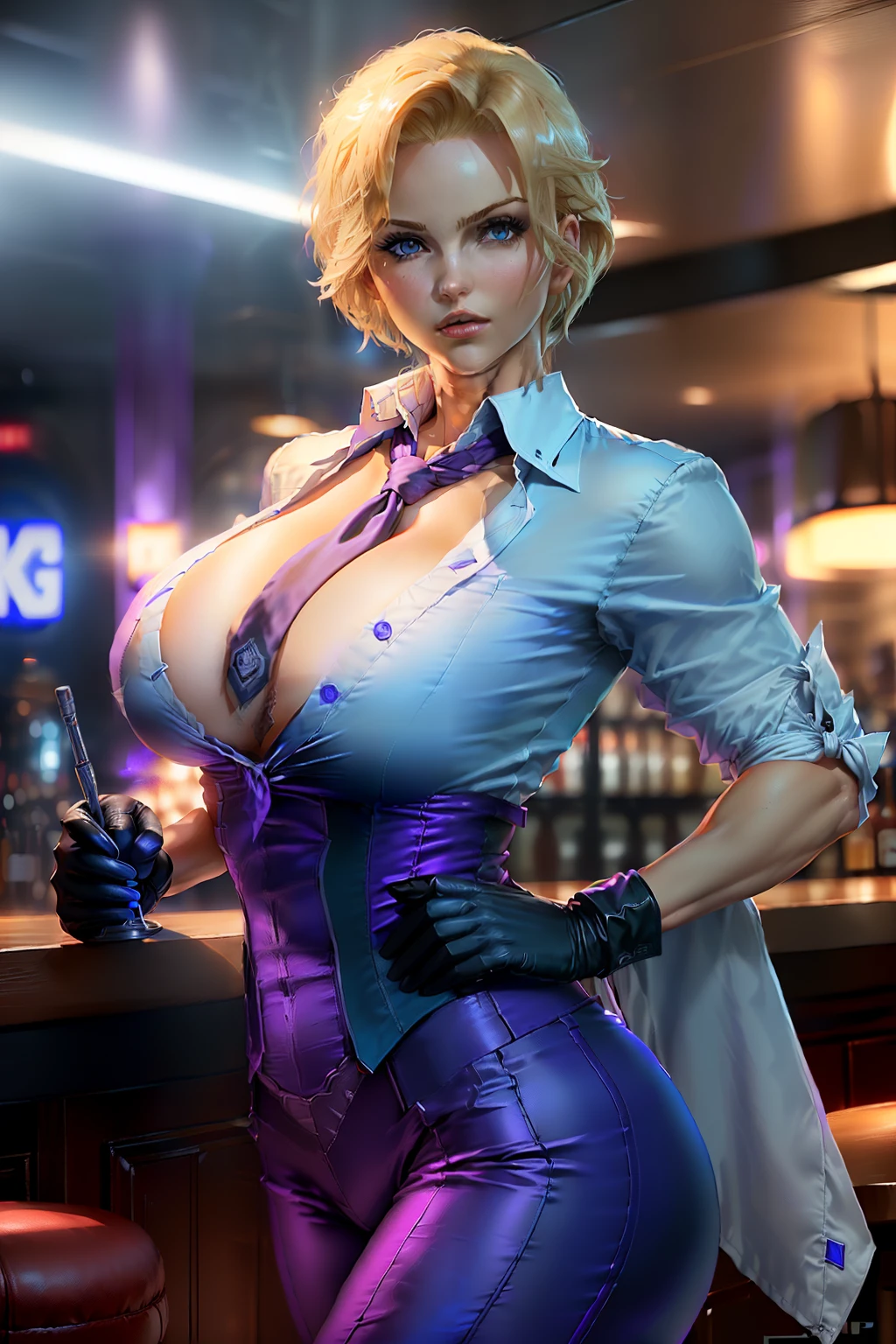 ((King from king of fighters series)) (beautiful face)(big glowing blue eyes)(red lips) ((very short blondeairstyle))) ((very huge breasts) (perfect slim body) (wears elegant purple tucsido suit, pants, shirt, tie, and gloves) (posing sexy inside bar)) (high definition, amazing lights and shadows) ((masterpiece)) (8k) (perfect face) (ultra details) (perfect hands, eyes, and face)