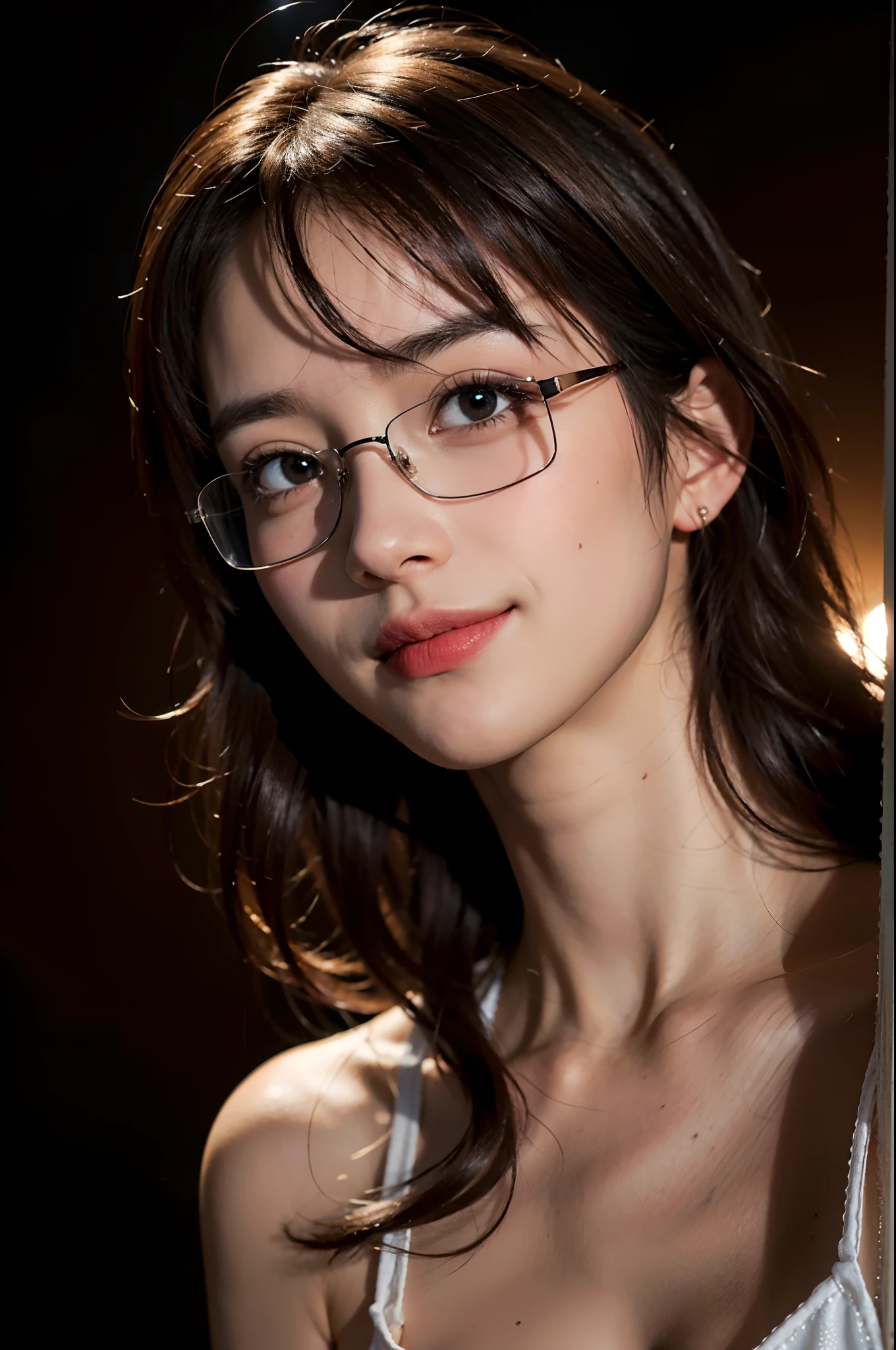 (8k, RAW photography, top-quality, master-piece:1.2), (reality, real light:1.37), ultra-detail, high-res, 1 girl, viewer look, beautiful detailed face, smile, pajamas, large boobs, beautiful detailed skin, skin texture, floating hair, Professional lighting, Square glasses with black edges, The entire human body, brunette hair
