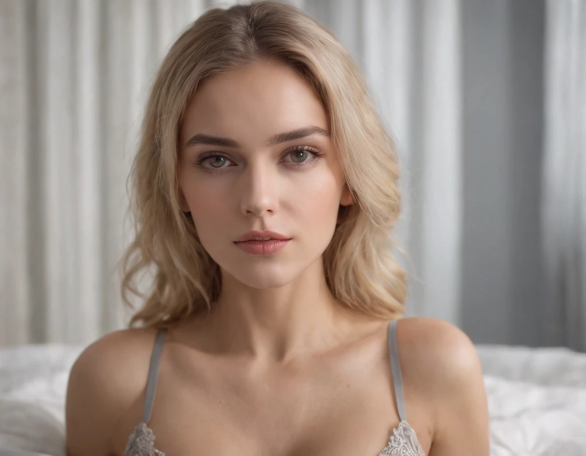 Una chica rubia sexy, vestida con una ropa interior de encaje gris, acostado en una cama,