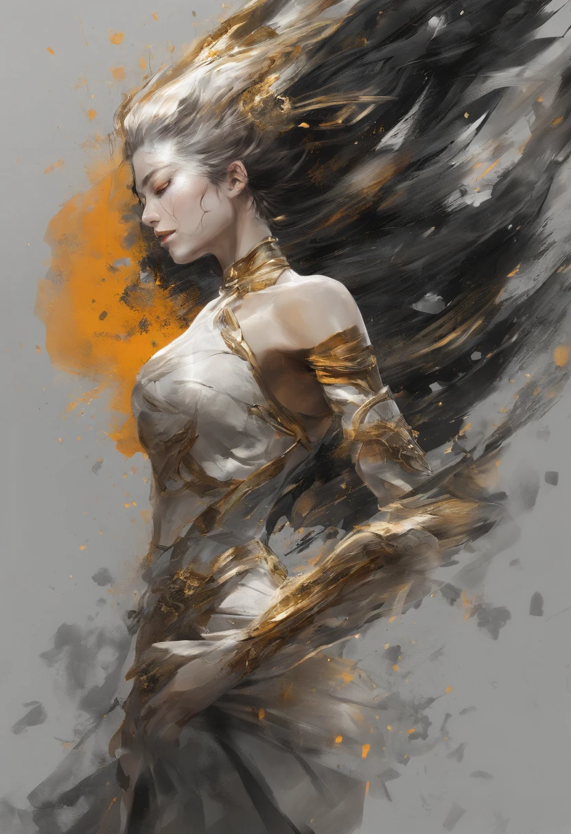 Perfect centralization, Fantastic Black Golden Beams, alegria, Standing position, beleza abstrata, Centrado, looking at the camera, Facing the camera, Approaching perfection, Dynamic, altamente detalhado, liso, foco nítido, 8k, alta resolução, illustration, arte de Carne Griffiths e Wadim Kashin, samurai, espada, feixes dourados, feixes laranja, feixes pastel, Rosto realista, rosto detalhado, cabelo prateado, fundo em movimento, fundo em aquarela, fundo nebuloso,