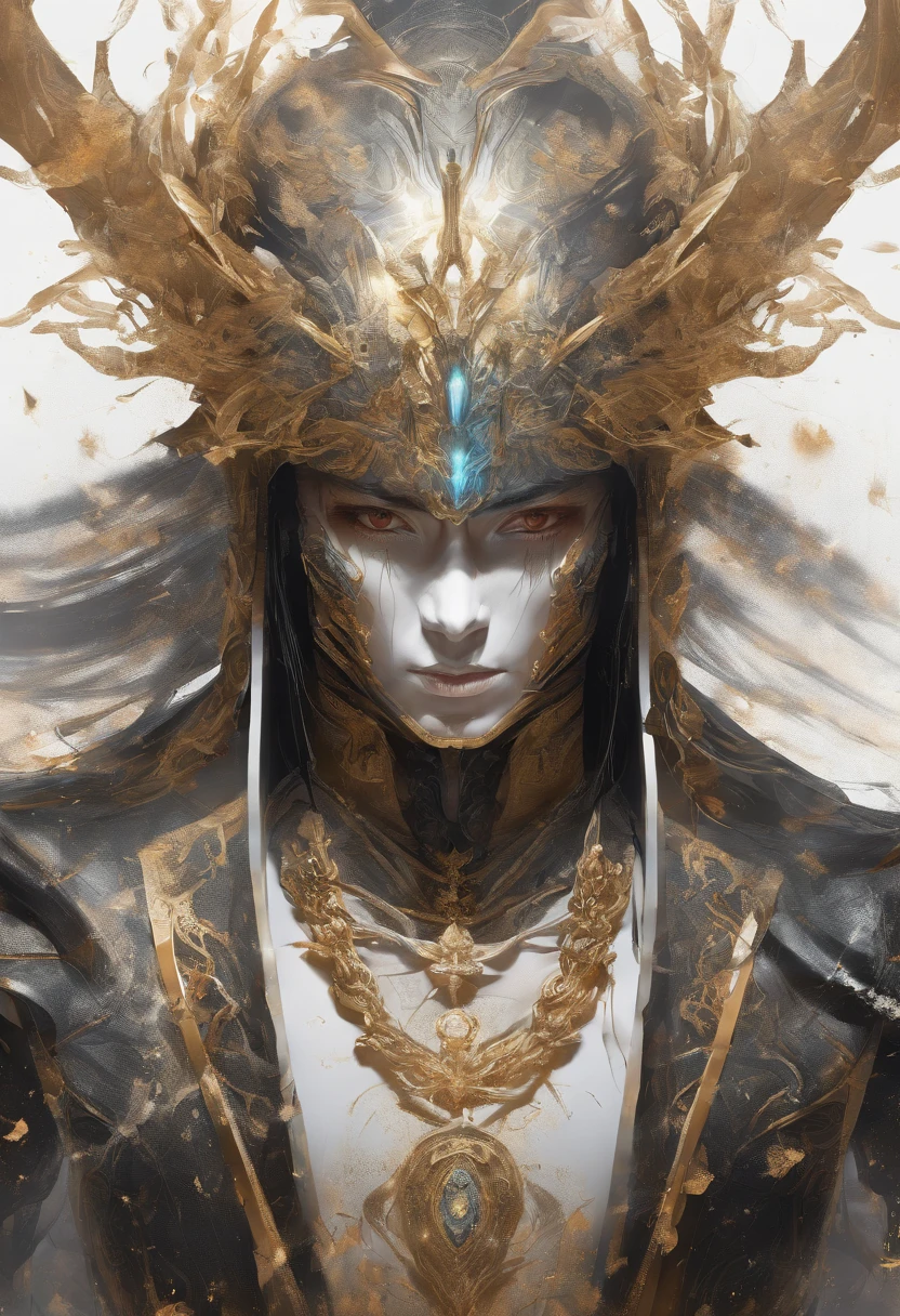 Perfect centralization, Fantastic Black Golden Beams, alegria, Standing position, beleza abstrata, Centrado, looking at the camera, Facing the camera, Approaching perfection, Dynamic, altamente detalhado, liso, foco nítido, 8k, alta resolução, illustration, arte de Carne Griffiths e Wadim Kashin, samurai, espada, feixes dourados, feixes laranja, feixes pastel, Rosto realista, rosto detalhado, cabelo prateado, fundo em movimento, fundo em aquarela, fundo nebuloso,