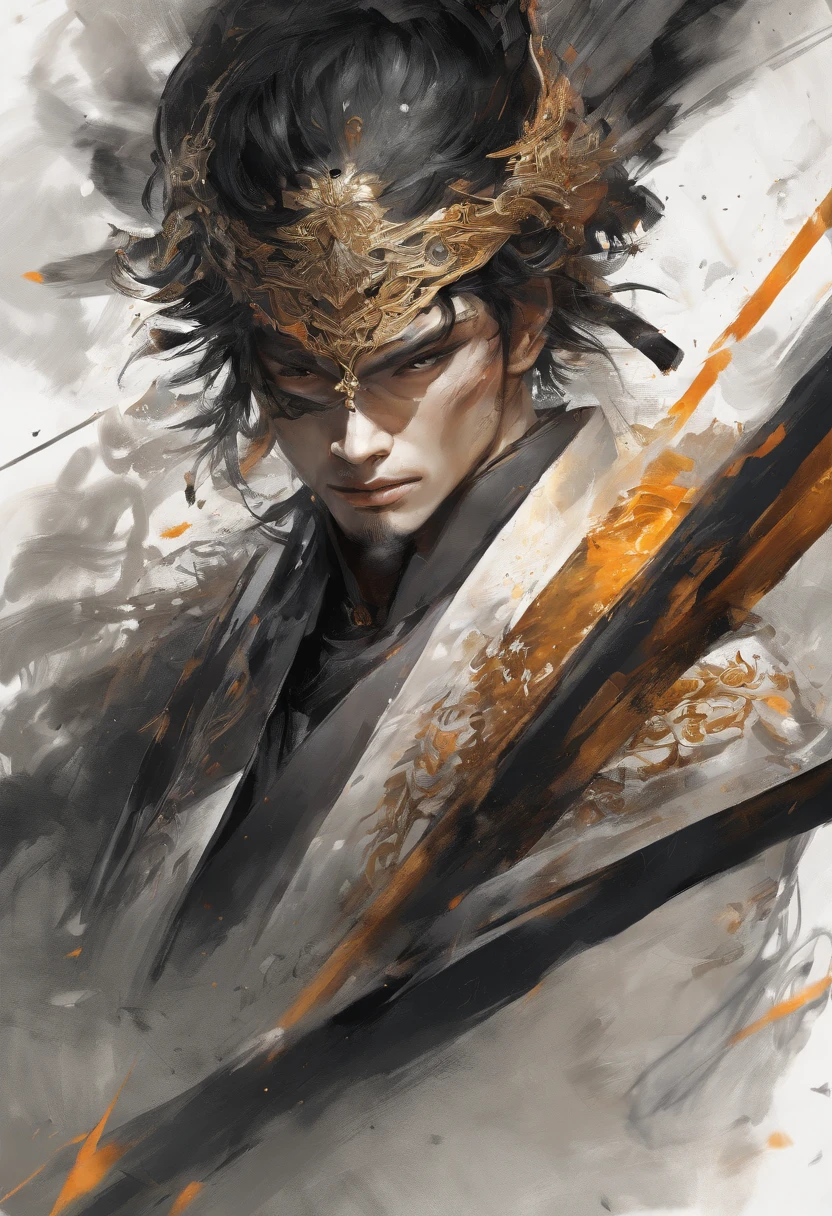 Perfect centralization, Fantastic Black Golden Beams, alegria, Standing position, beleza abstrata, Centrado, looking at the camera, Facing the camera, Approaching perfection, Dynamic, altamente detalhado, liso, foco nítido, 8k, alta resolução, illustration, arte de Carne Griffiths e Wadim Kashin, samurai, espada, feixes dourados, feixes laranja, feixes pastel, Rosto realista, rosto detalhado, cabelo prateado, fundo em movimento, fundo em aquarela, fundo nebuloso,
