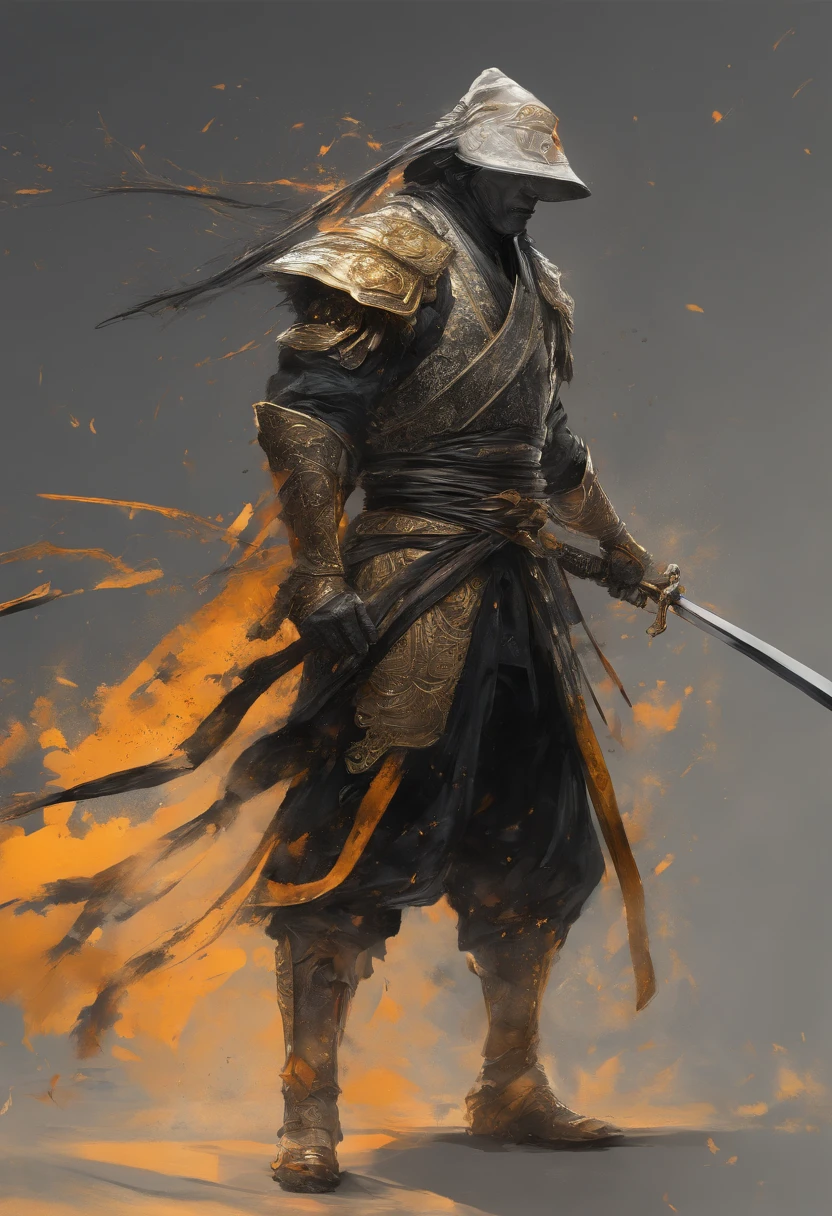Perfect centralization, Fantastic Black Golden Beams, alegria, Standing position, beleza abstrata, Centrado, looking at the camera, Facing the camera, Approaching perfection, Dynamic, altamente detalhado, liso, foco nítido, 8k, alta resolução, illustration, arte de Carne Griffiths e Wadim Kashin, samurai, espada, feixes dourados, feixes laranja, feixes pastel, Rosto realista, rosto detalhado, cabelo prateado, fundo em movimento, fundo em aquarela, fundo nebuloso,