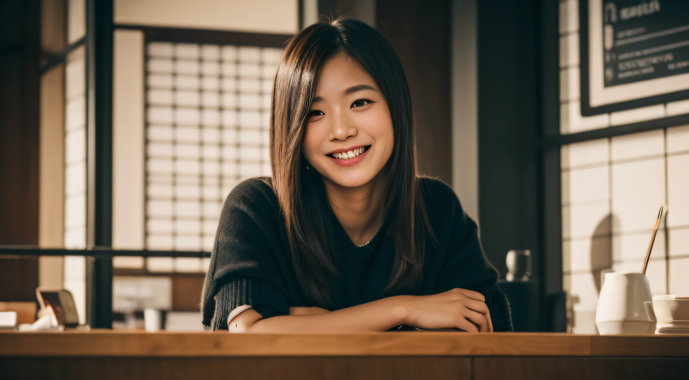 Asian woman looking at camera in coffee shop and smiling　Photorealsitic, A smile, beautiful a girl, cute little, length hair, depth of fields, hight resolution, ultra-detailliert, detaile, extremely detailed eye and face, Sharp pupils, Realistic pupils, foco nítido, Cinematic lighting