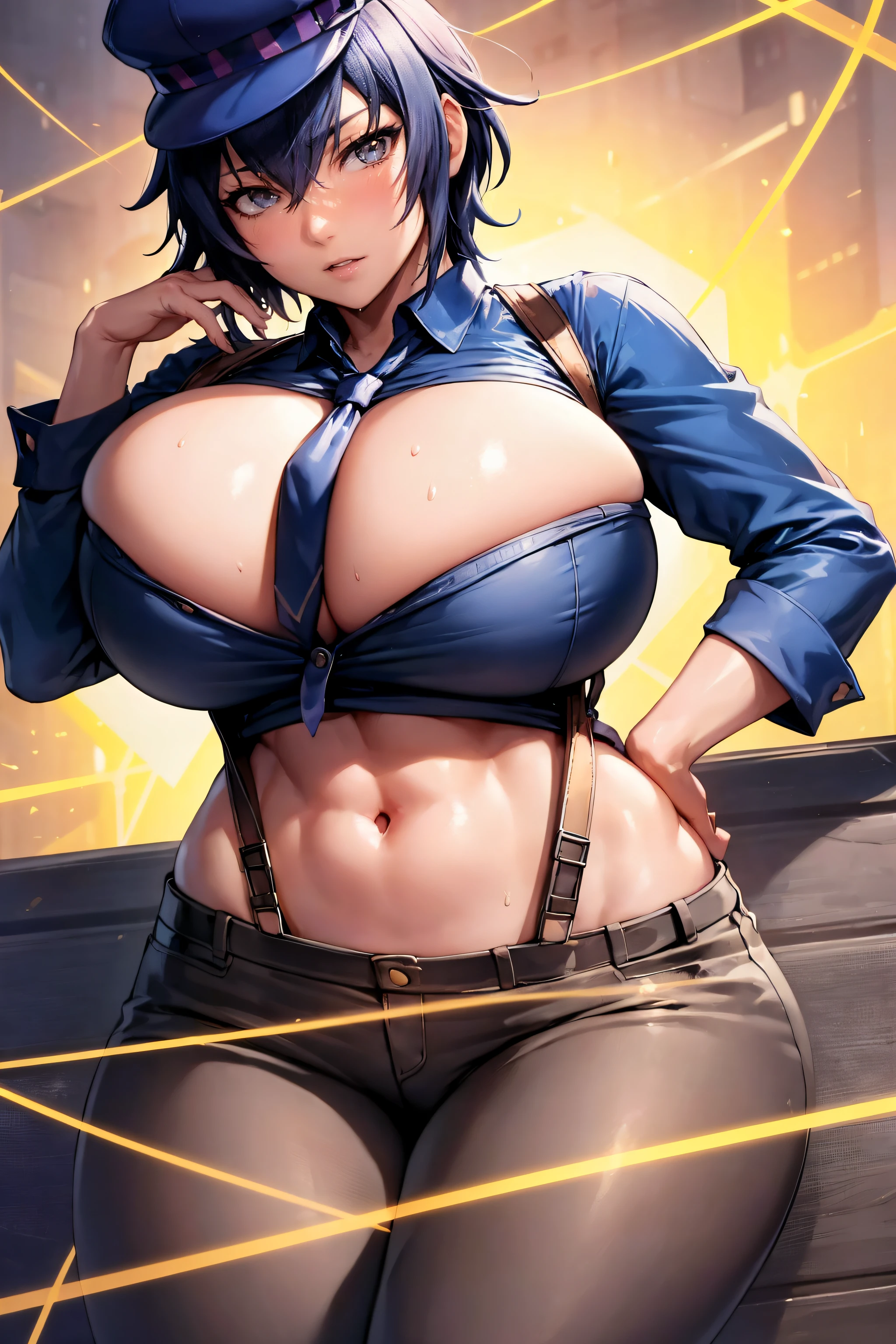 (shiroganenaoto),( Detailed face), 1girl in,Solo,hat,Black pants,(Impossible blue shirt:1.2),Yellow tie,suspenders,heavy blush,grey  eyes, Silly, Nail_The sheen, (Super Strong Super Huge gigantic breasts:1.3), Full body shot, Midriff, Big Ass Curves, Volumetric lighting, Best Quality, masutepiece, Intricate details, tonemapping, Sharp Focus, Hyper Detailed, Trending on ArtStation,Shiny wet skin Detailed body, flawless skin, Smooth skin, and blemish-free skin, nffsw, 8K, Best Quality, hyperdetails, Cinematic, Insane details, Intricate details, hyperdetails, the golden hour, accurate hands, accurate fingers , Accurate eyes